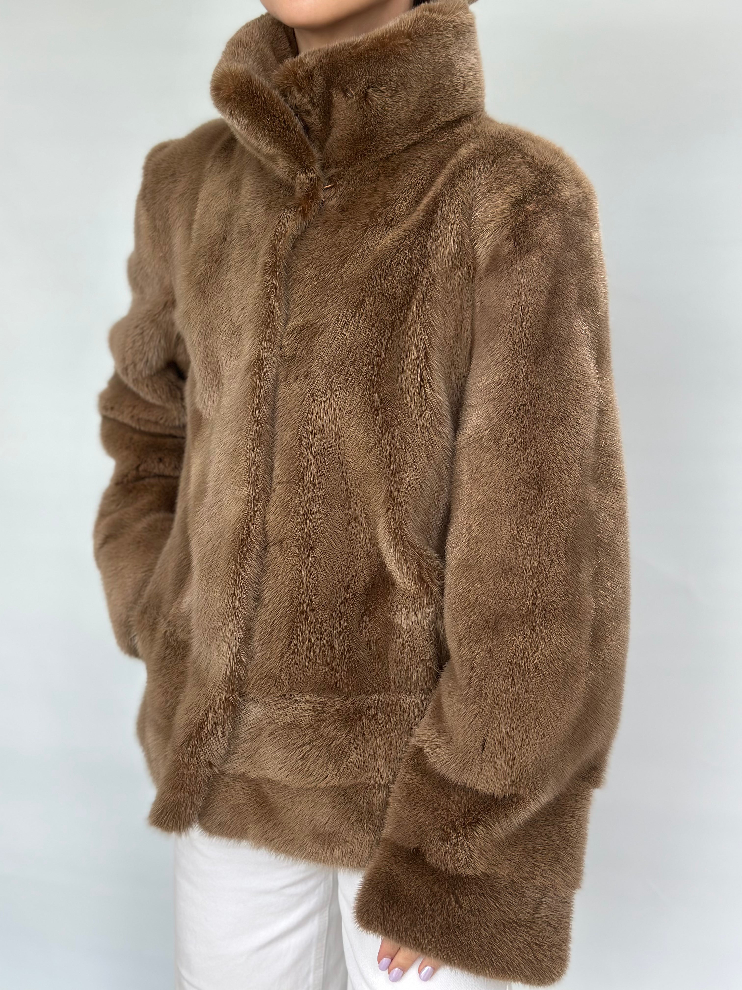 Brown Mink Short Jacket With Horizontal Cut