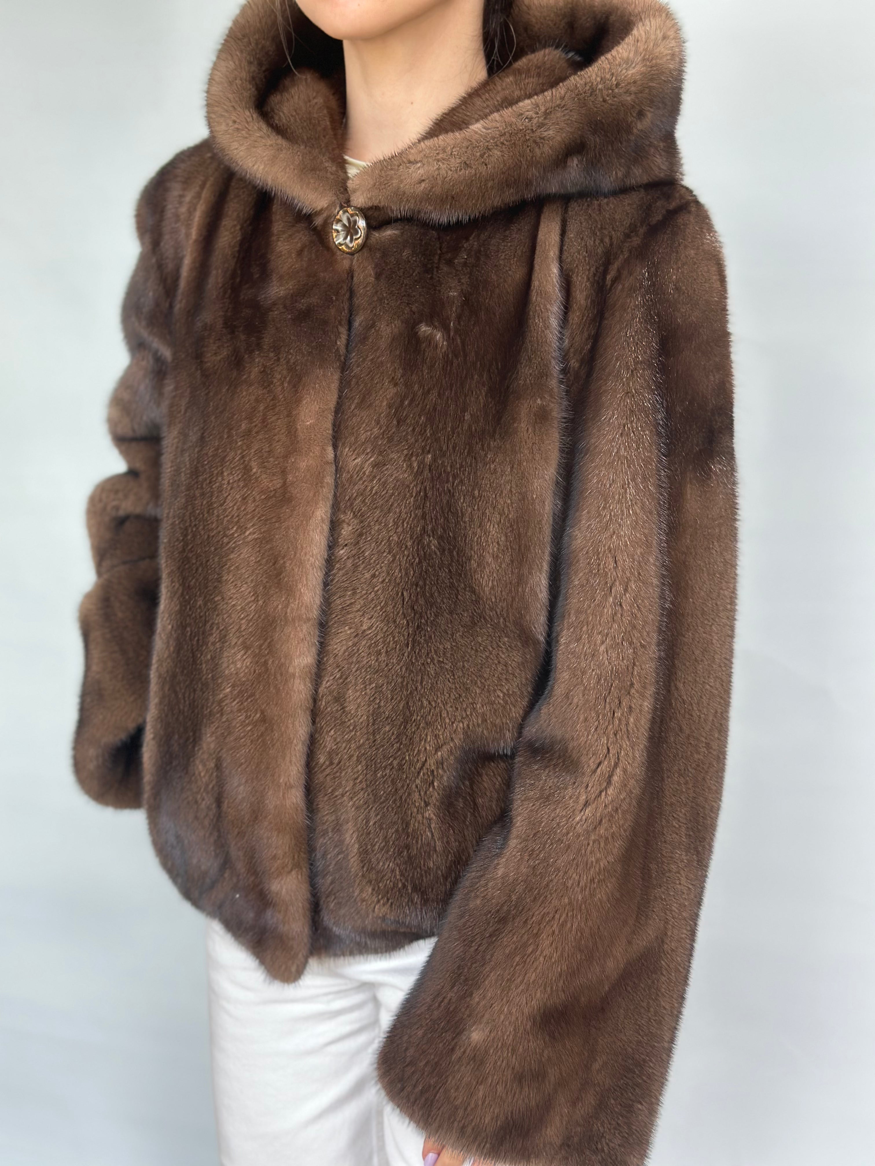 Brown Mink Short Jacket With Hood And Decorative Button