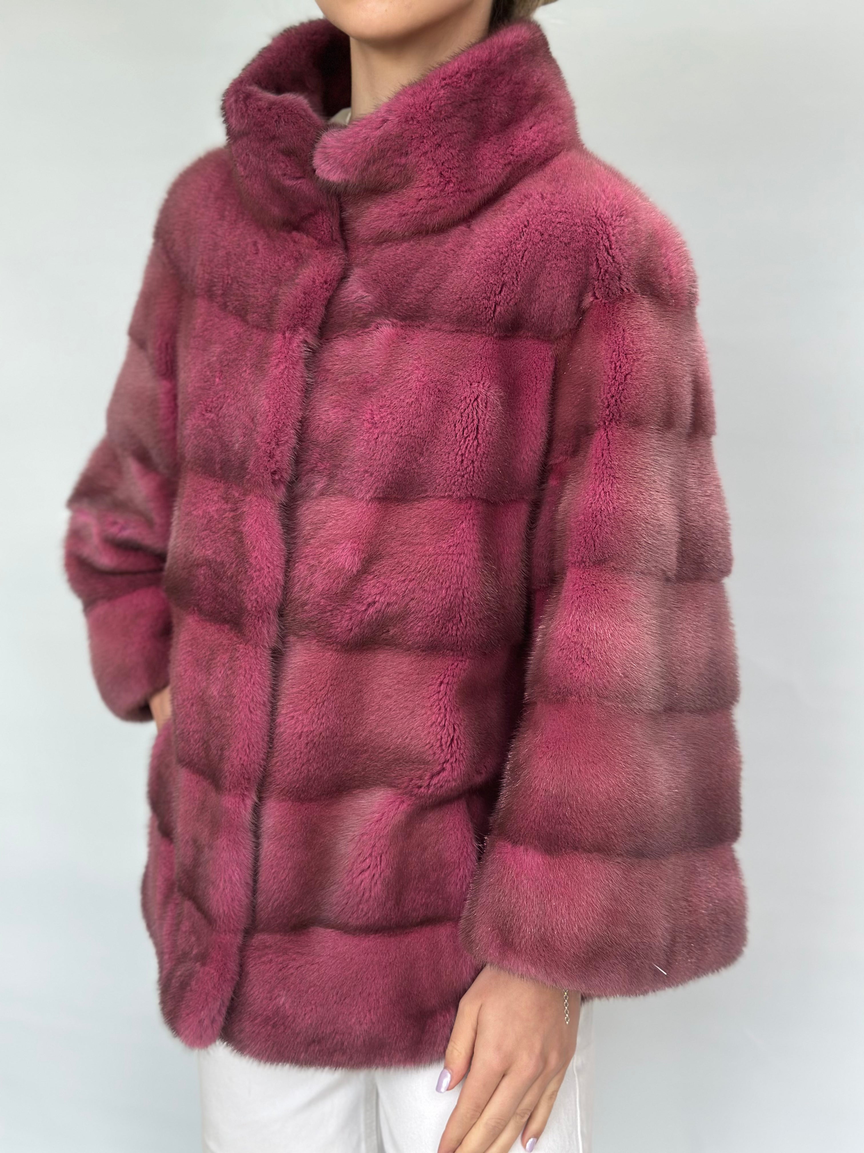 Magenta Mink Jacket With Horizontal Cut