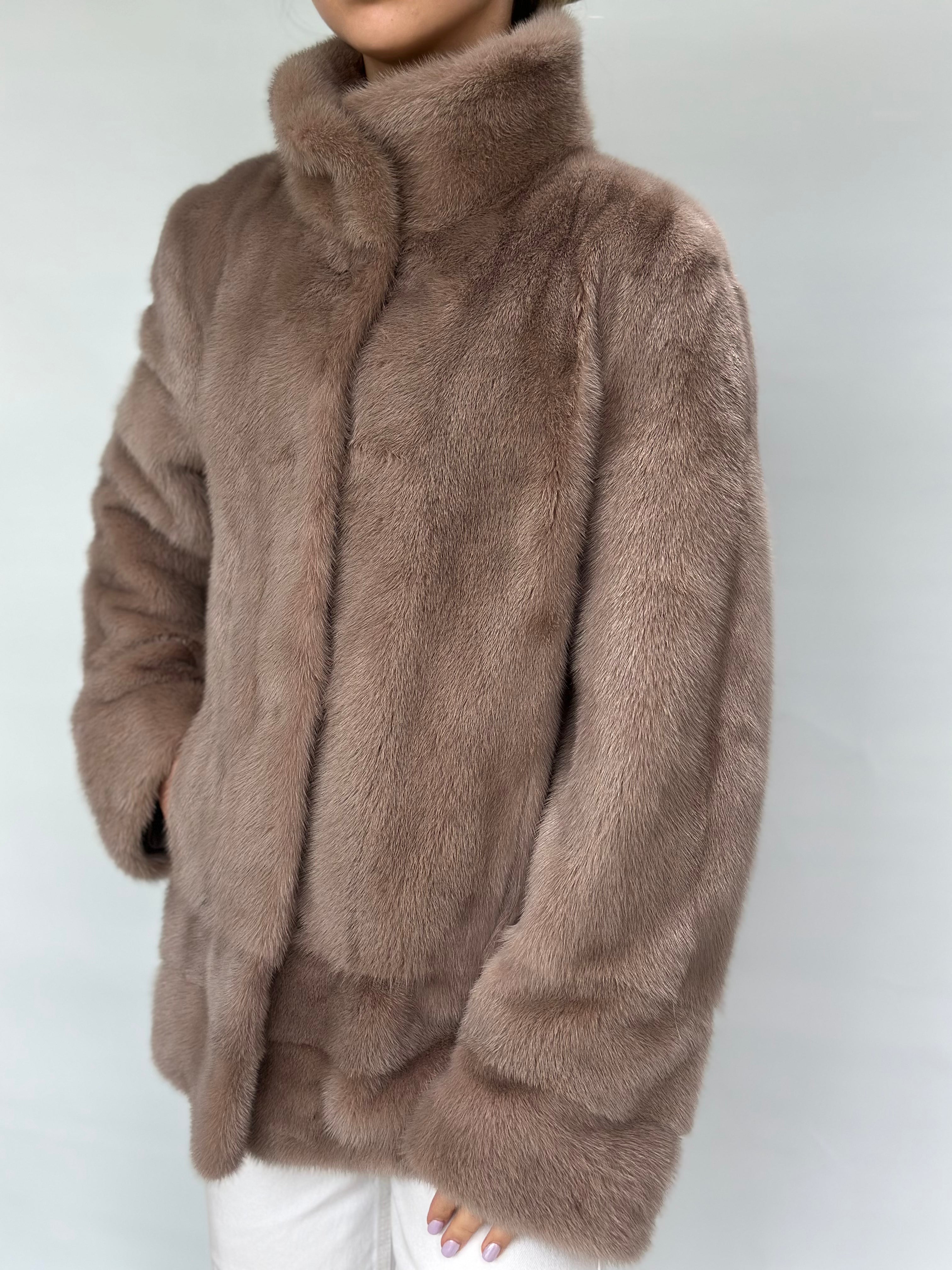 Taupe Mink Jacket With Stand-up Collar