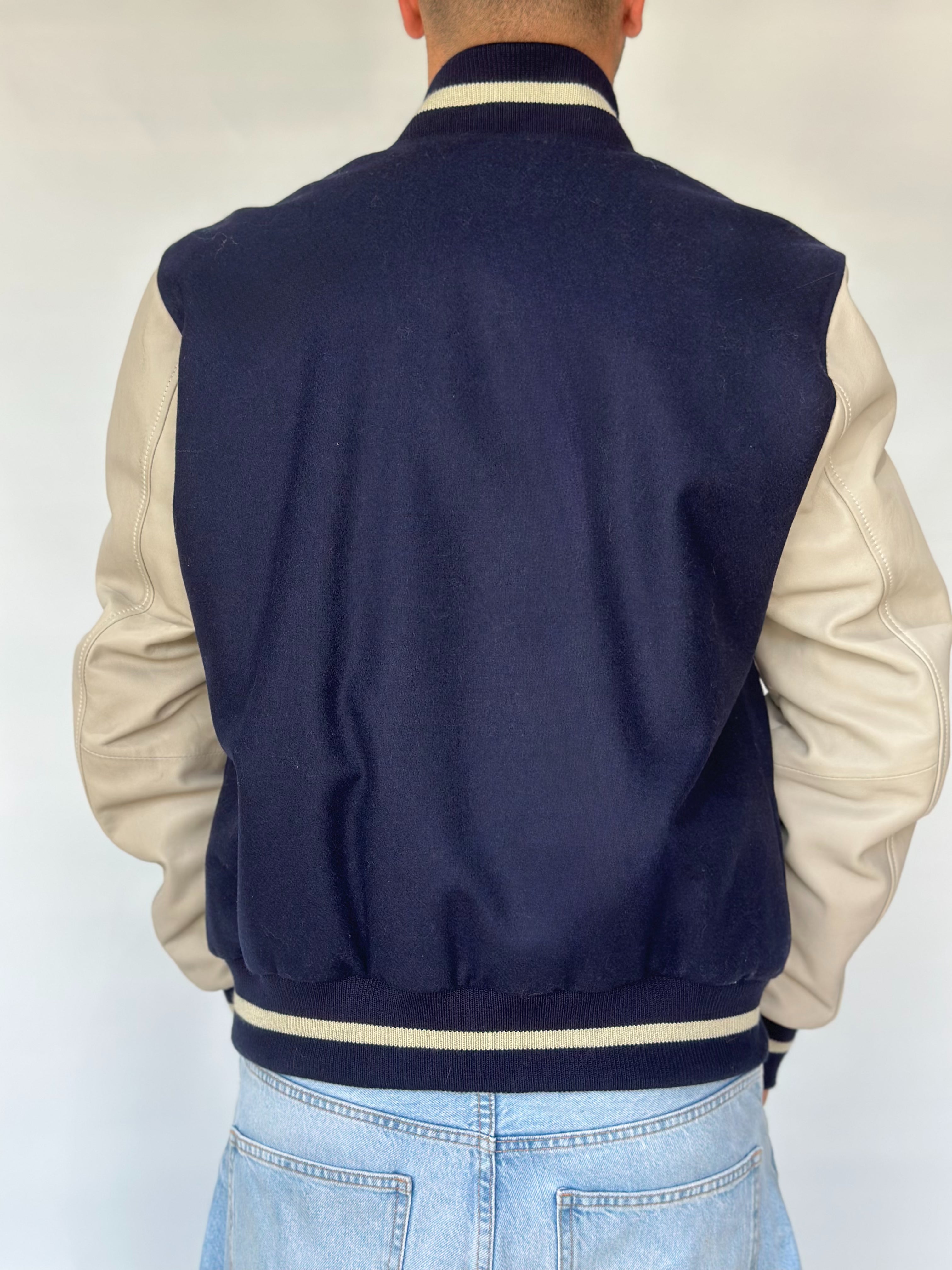 Navy Blue Leather Racer Jacket Quilted Shoulders