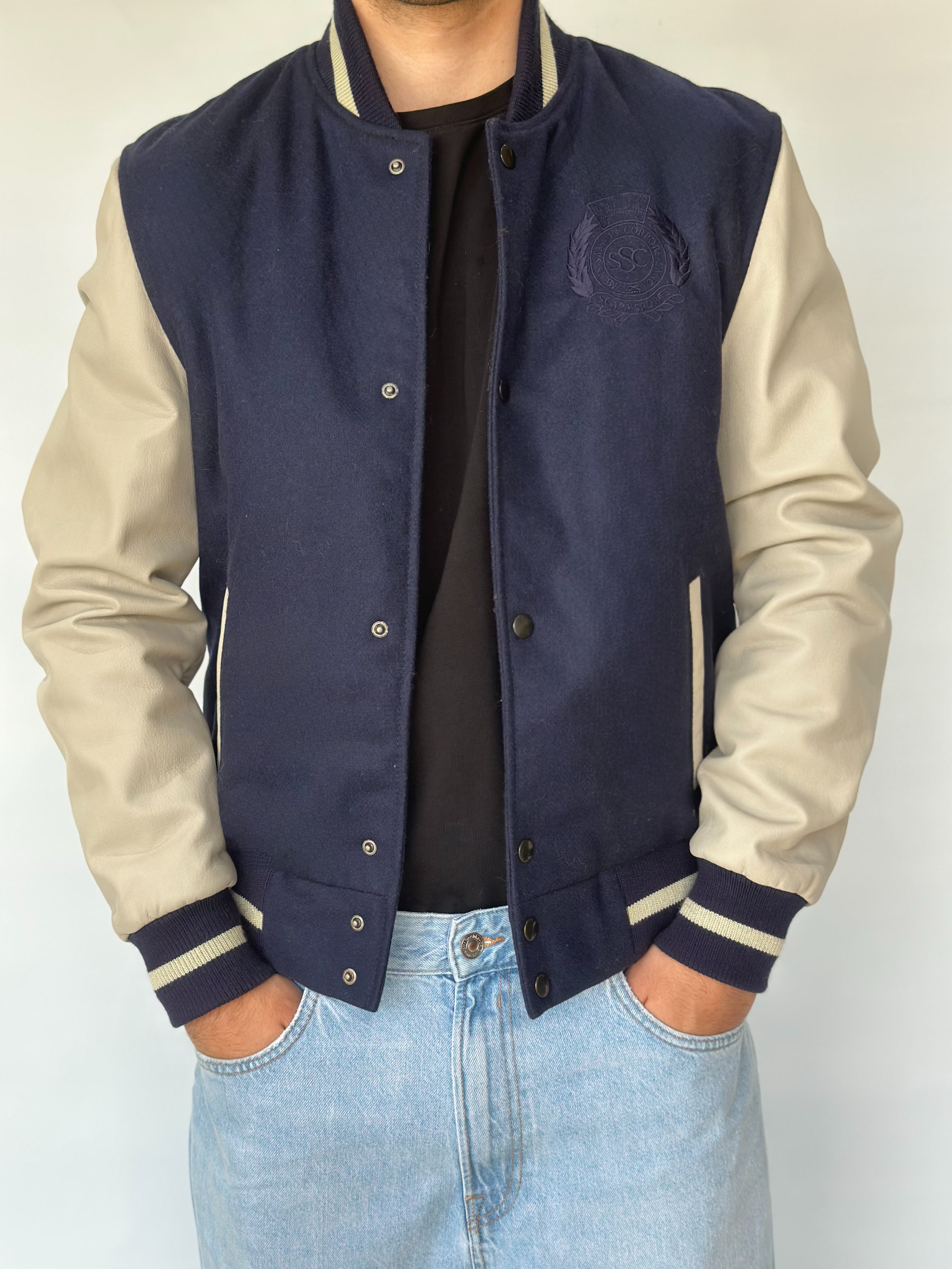 Navy Blue Leather Racer Jacket Quilted Shoulders