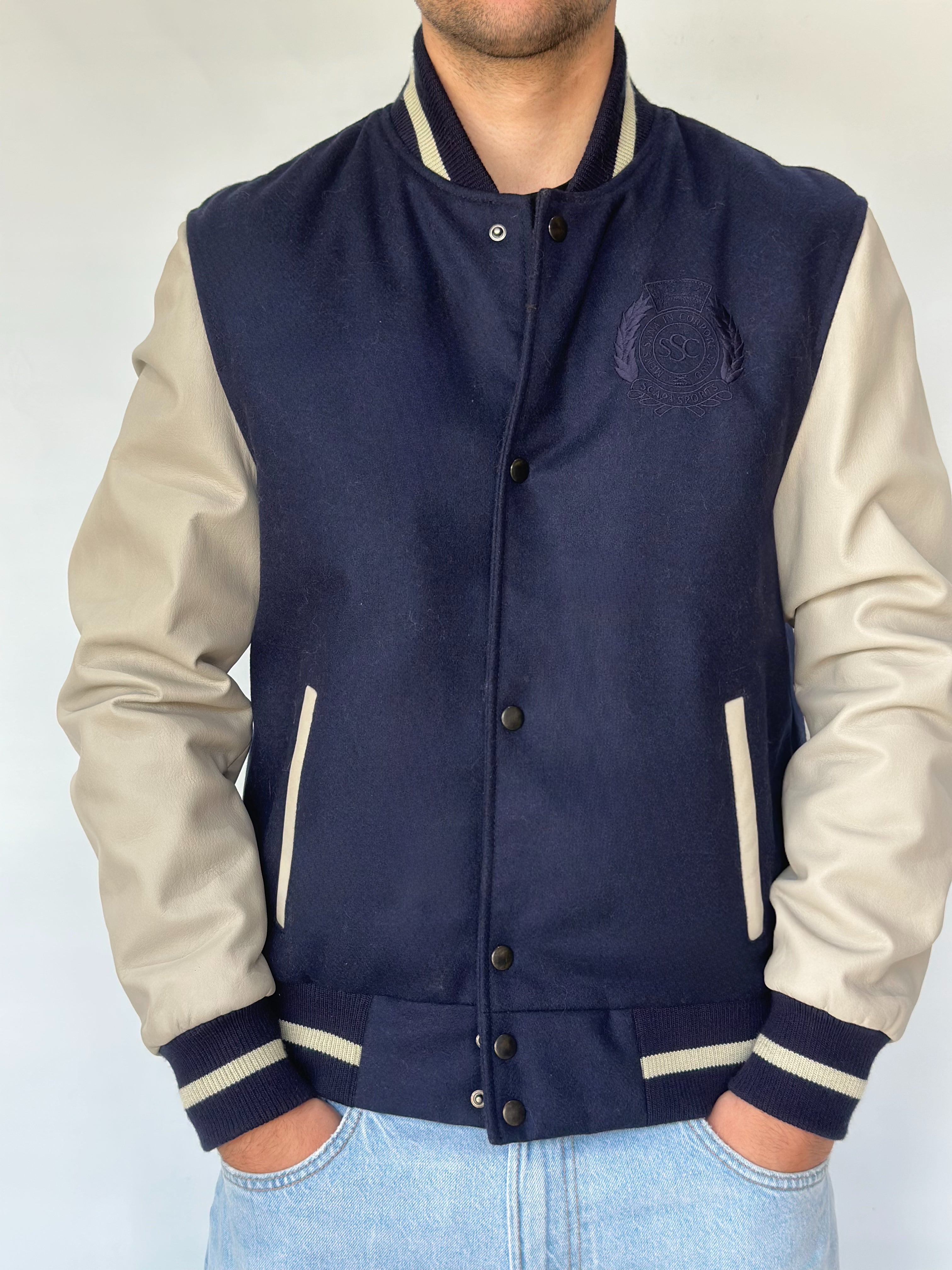 Navy Blue Leather Racer Jacket Quilted Shoulders