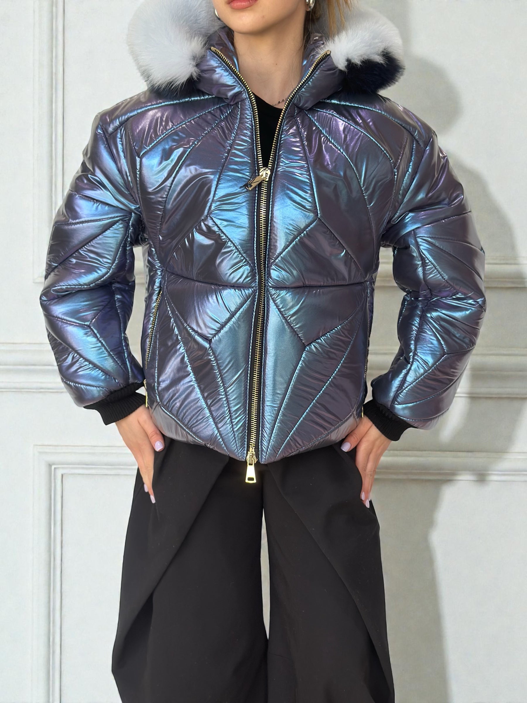 Iridescent Cropped Puffer Jacket Fur Hood