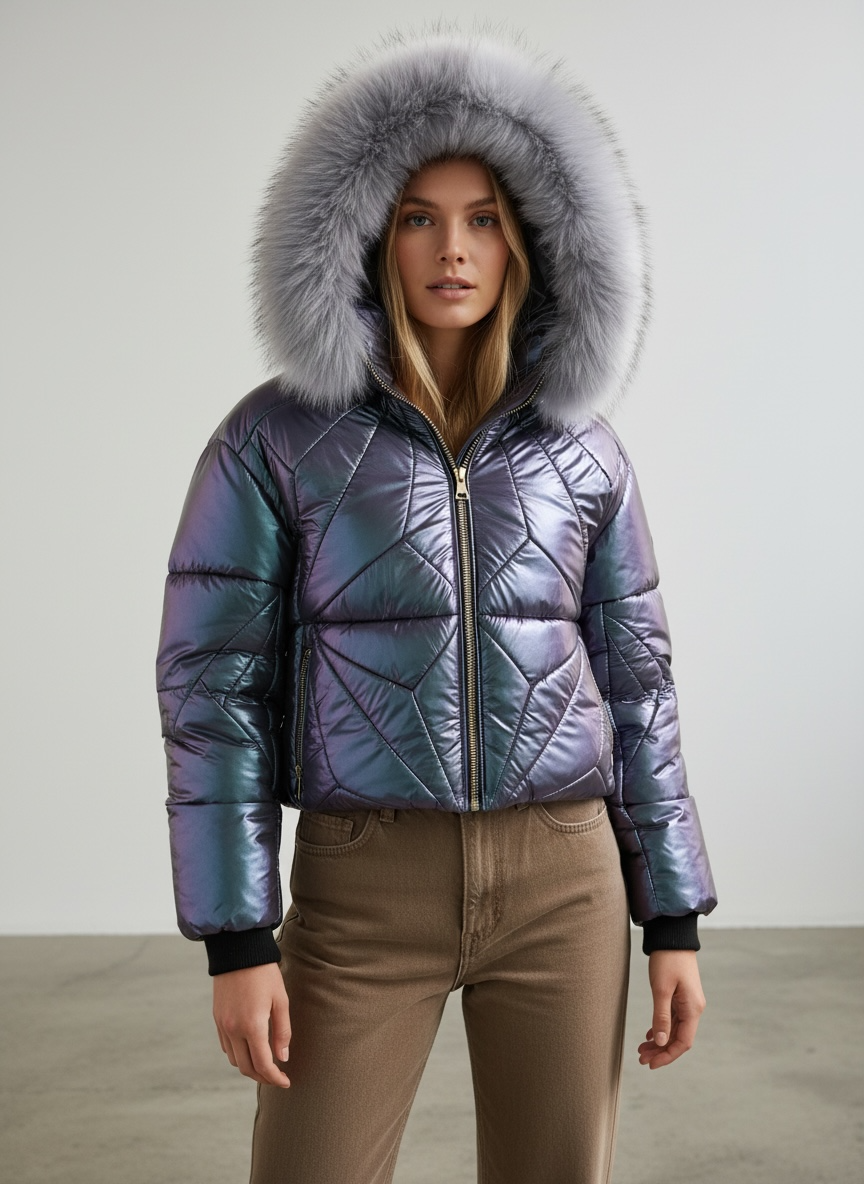 Iridescent Cropped Puffer Jacket Fur Hood