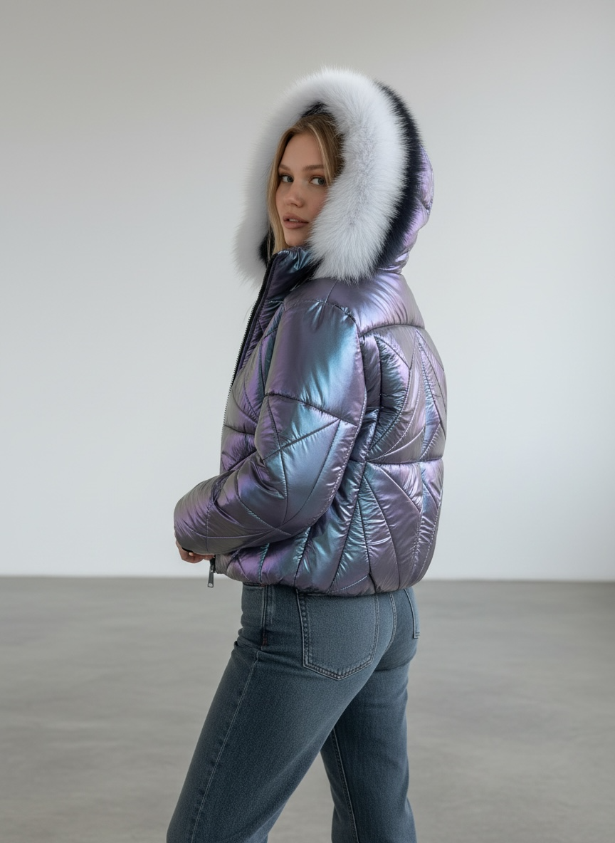 Iridescent Cropped Puffer Jacket Fur Hood