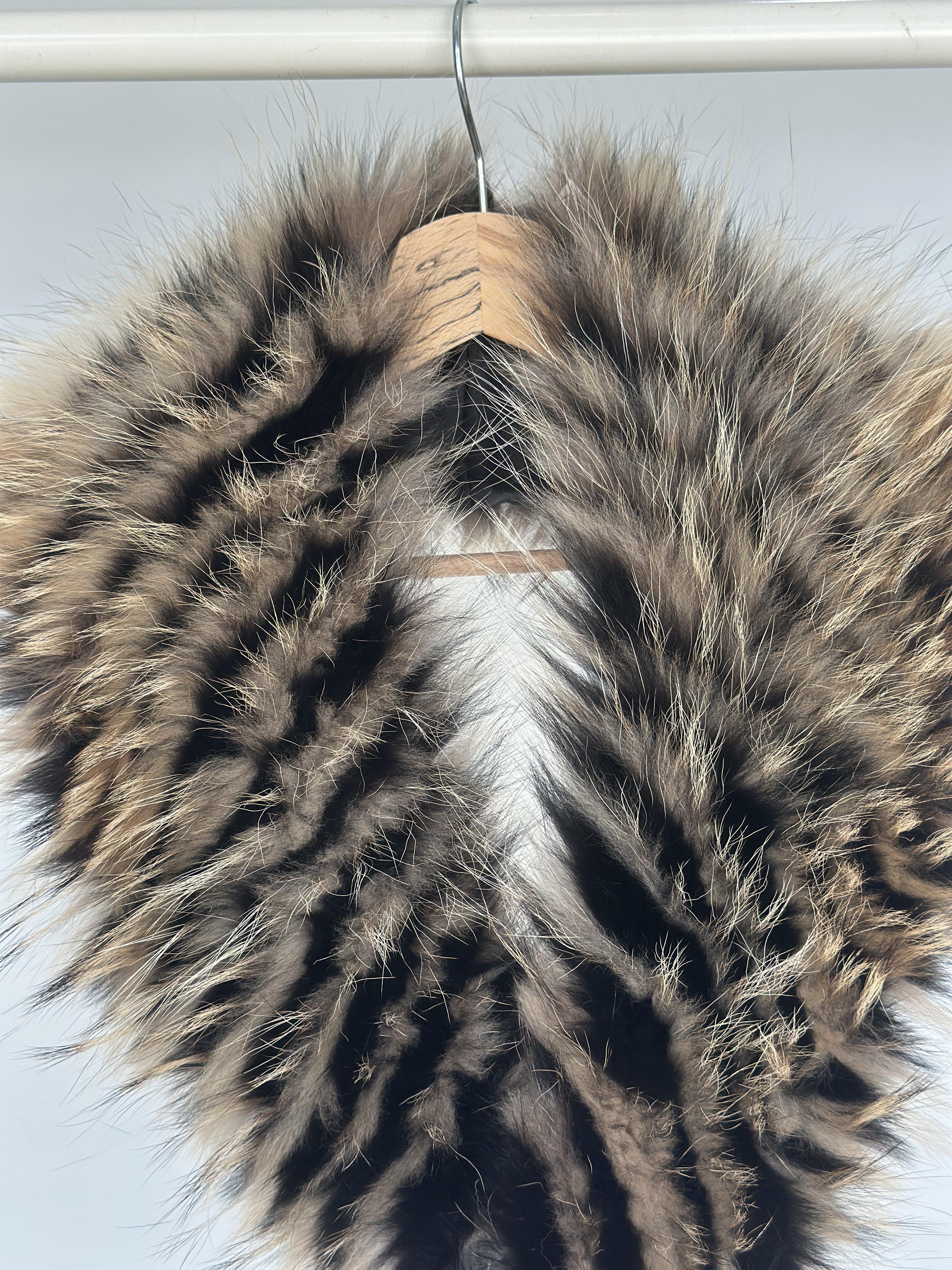 Large Beige to Black Raccoon Fur Collar With Striped Design