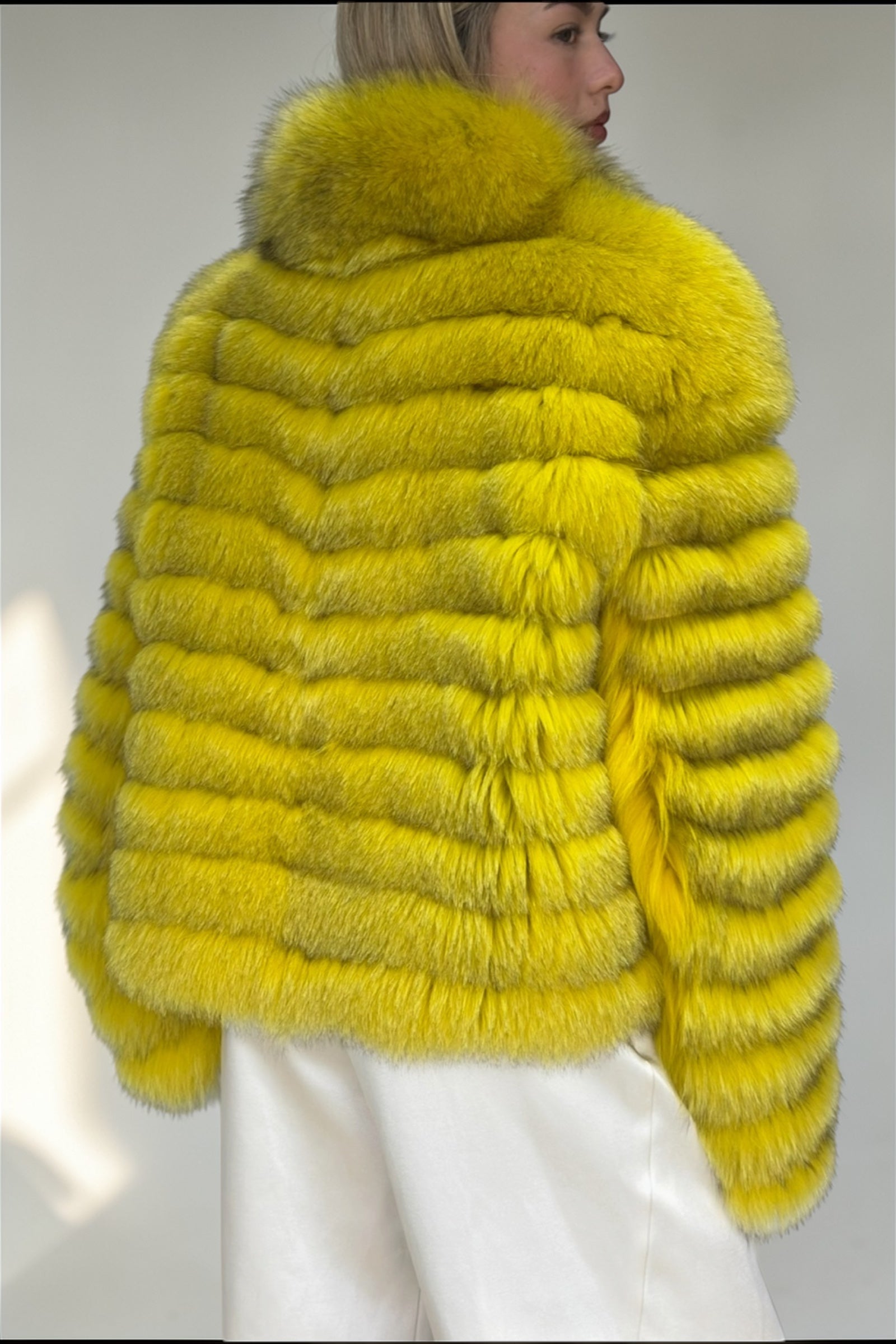 Lemon Yellow Fox Fur Chevron Jacket