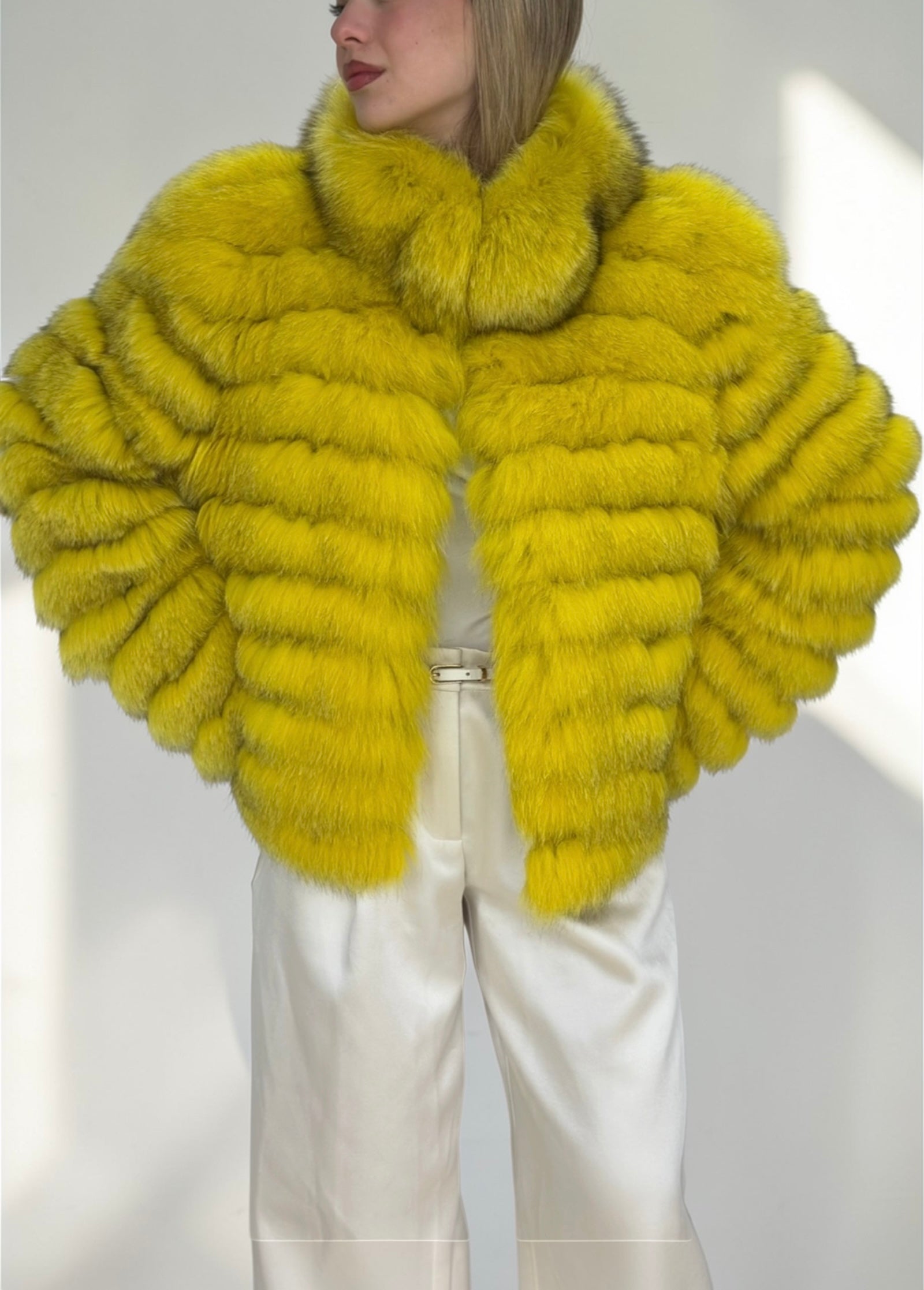 Lemon Yellow Fox Fur Chevron Jacket