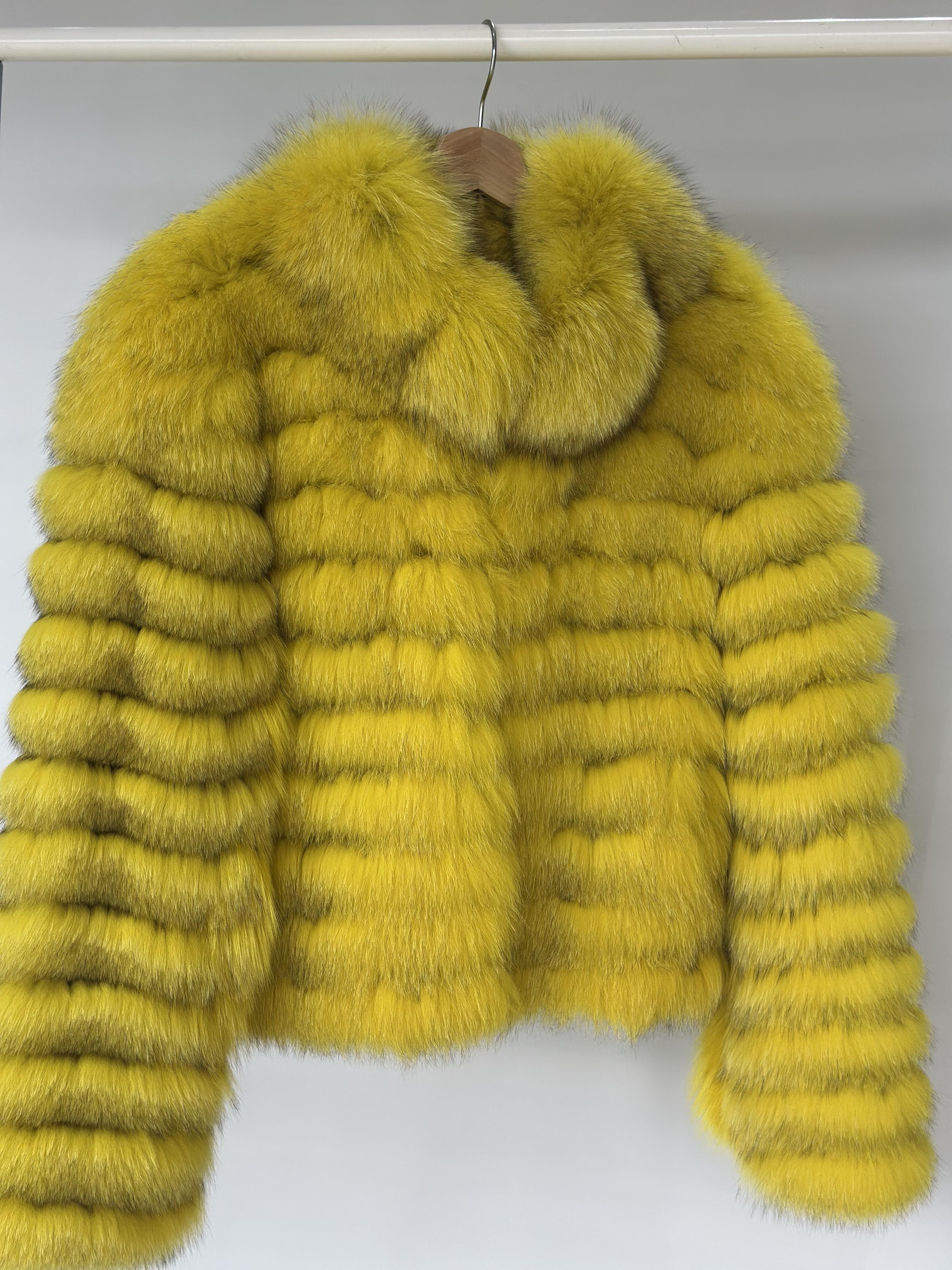 Lemon Yellow Fox Fur Chevron Jacket
