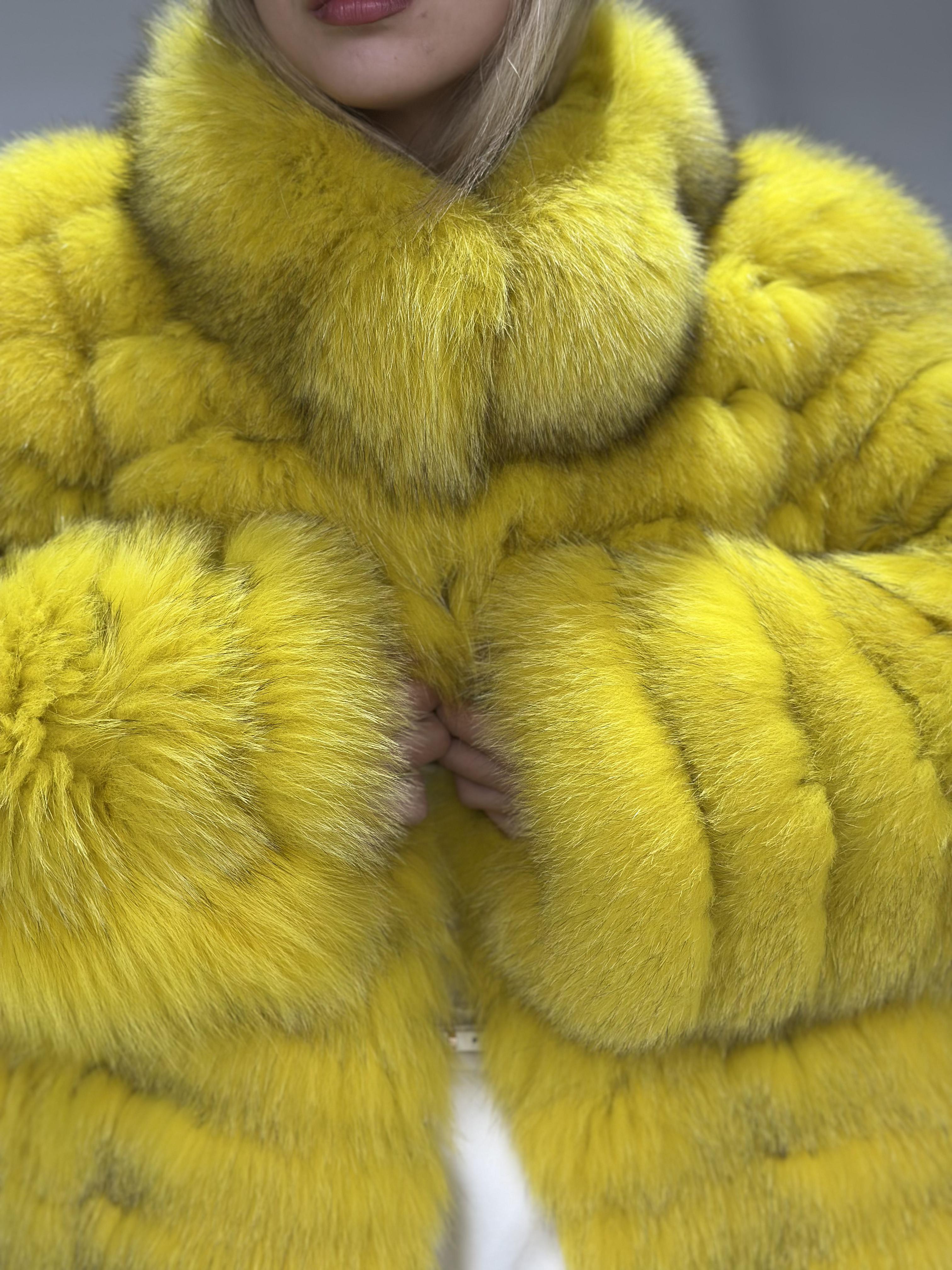 Lemon Yellow Fox Fur Chevron Jacket