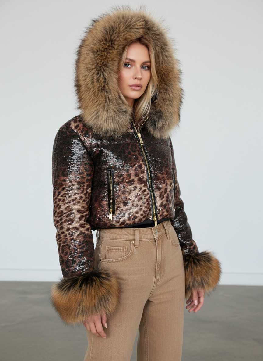 Leopard Sequin Puffer Jacket Fur Trim