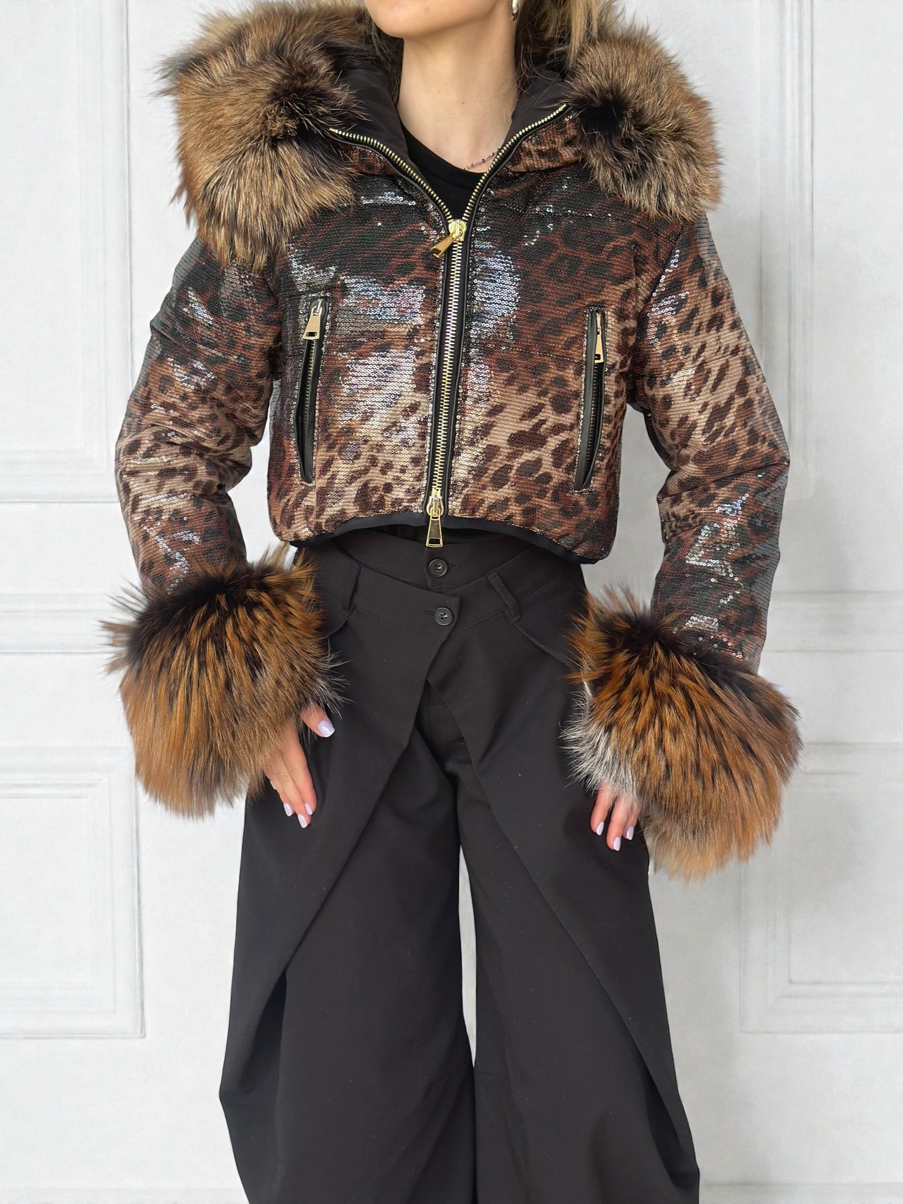 Leopard Sequin Puffer Jacket Fur Trim
