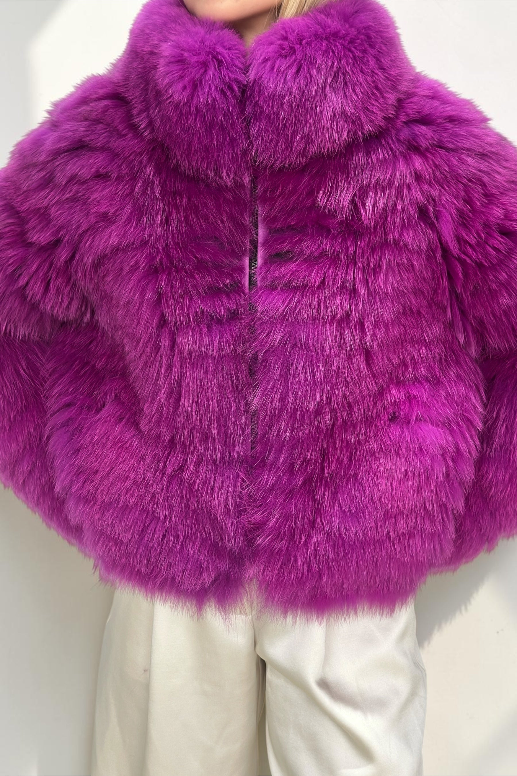Magenta Fox Fur Horizontal Stripe Jacket