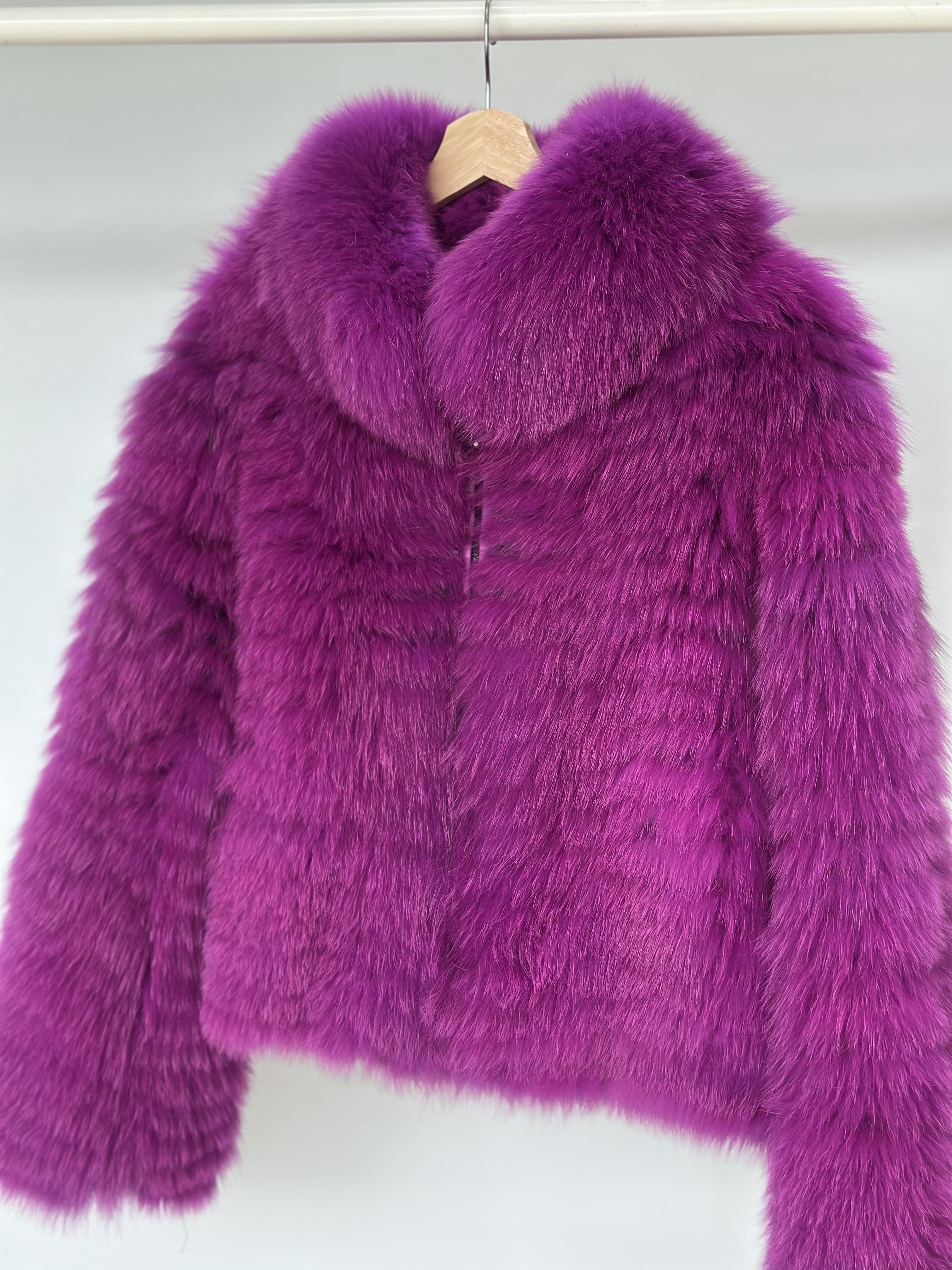 Magenta Fox Fur Horizontal Stripe Jacket
