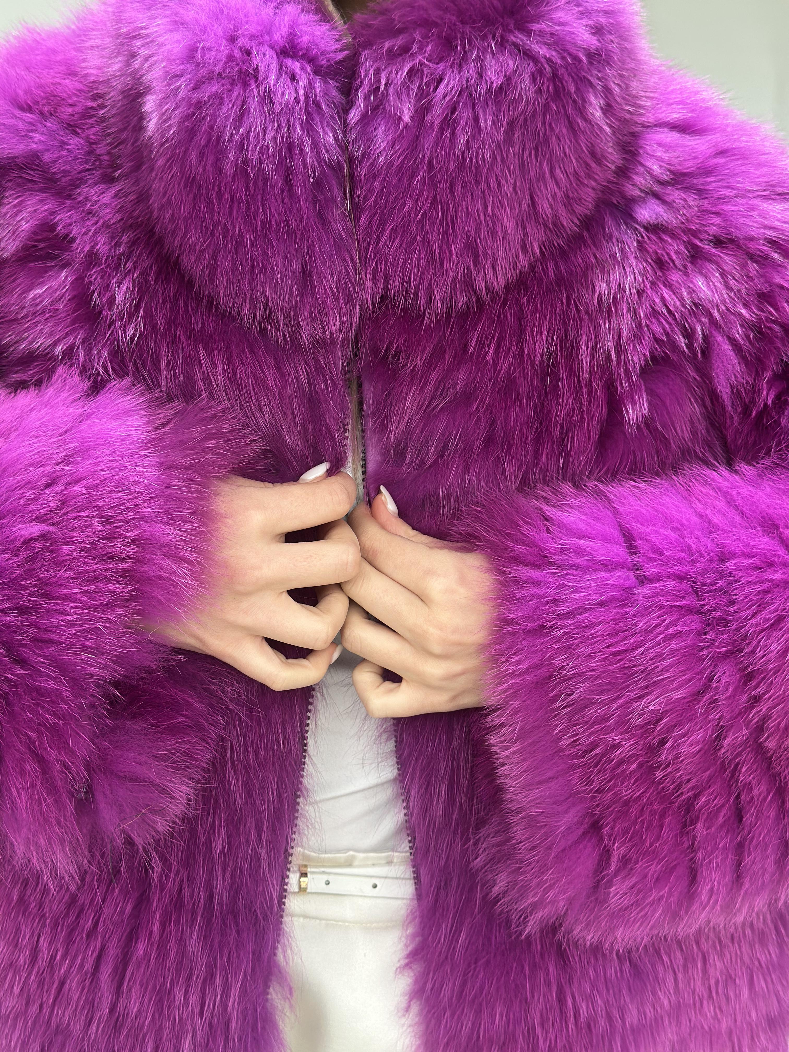 Magenta Fox Fur Horizontal Stripe Jacket