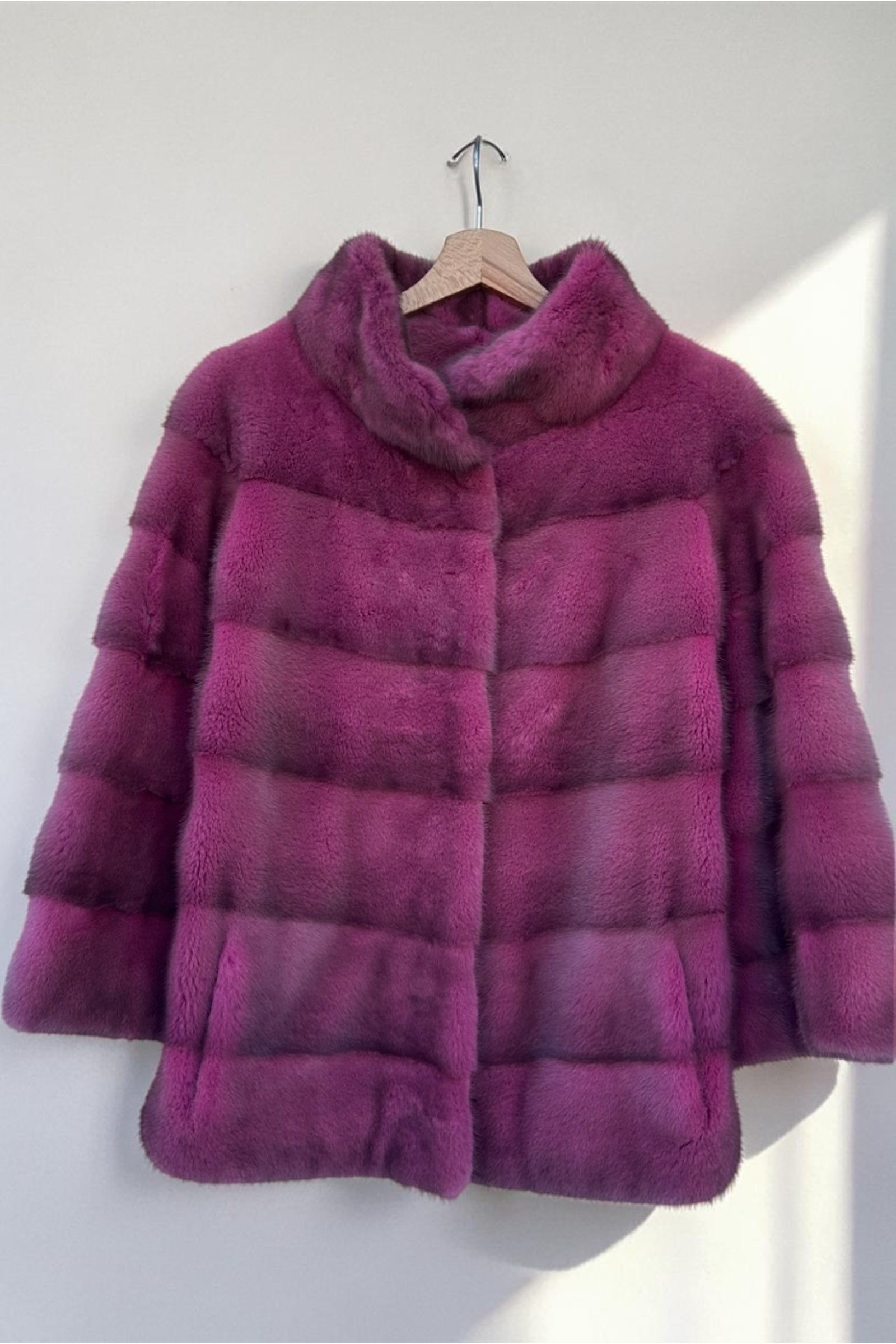 Magenta Mink Jacket With Horizontal Cut