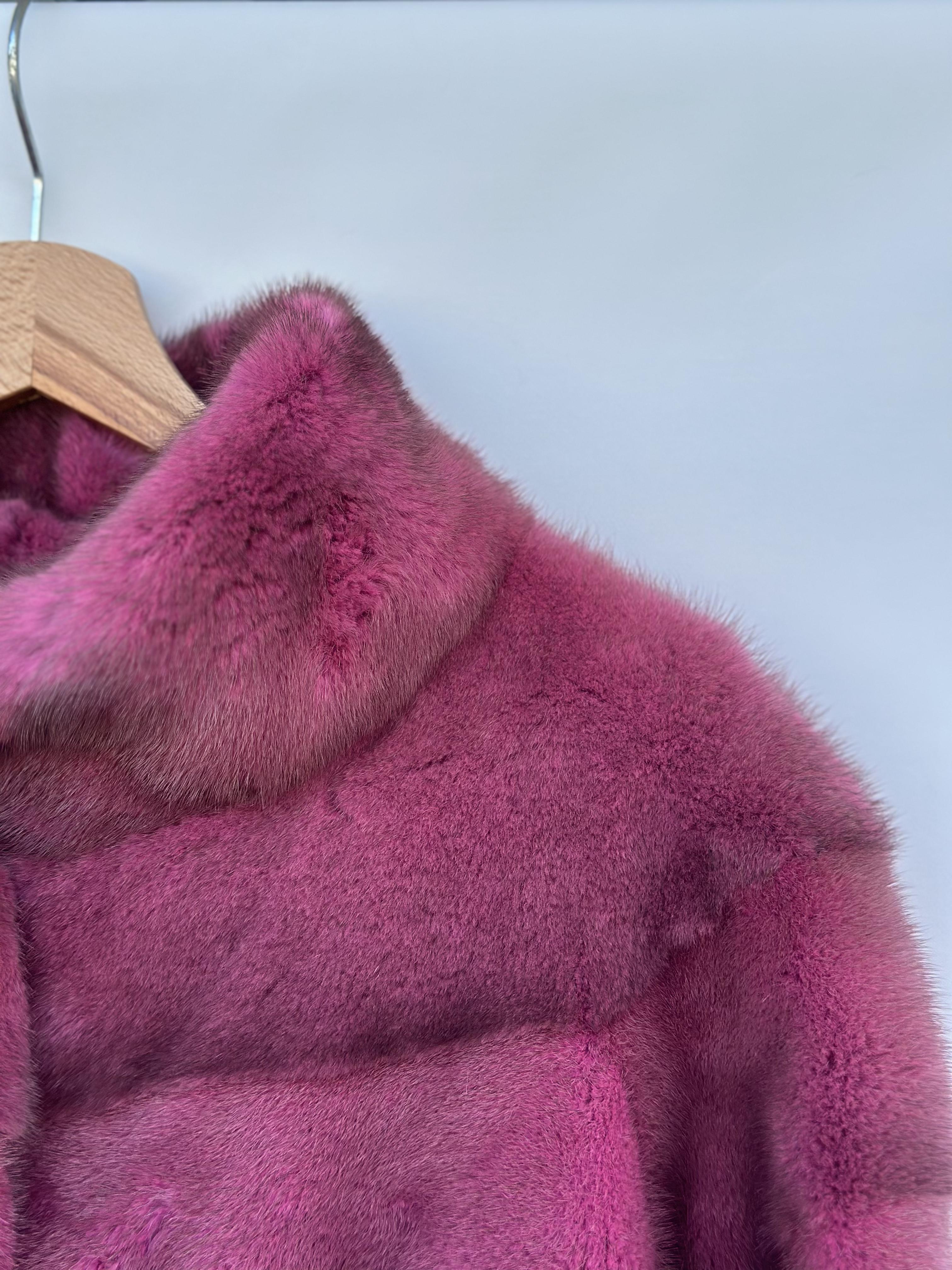 Magenta Mink Jacket With Horizontal Cut