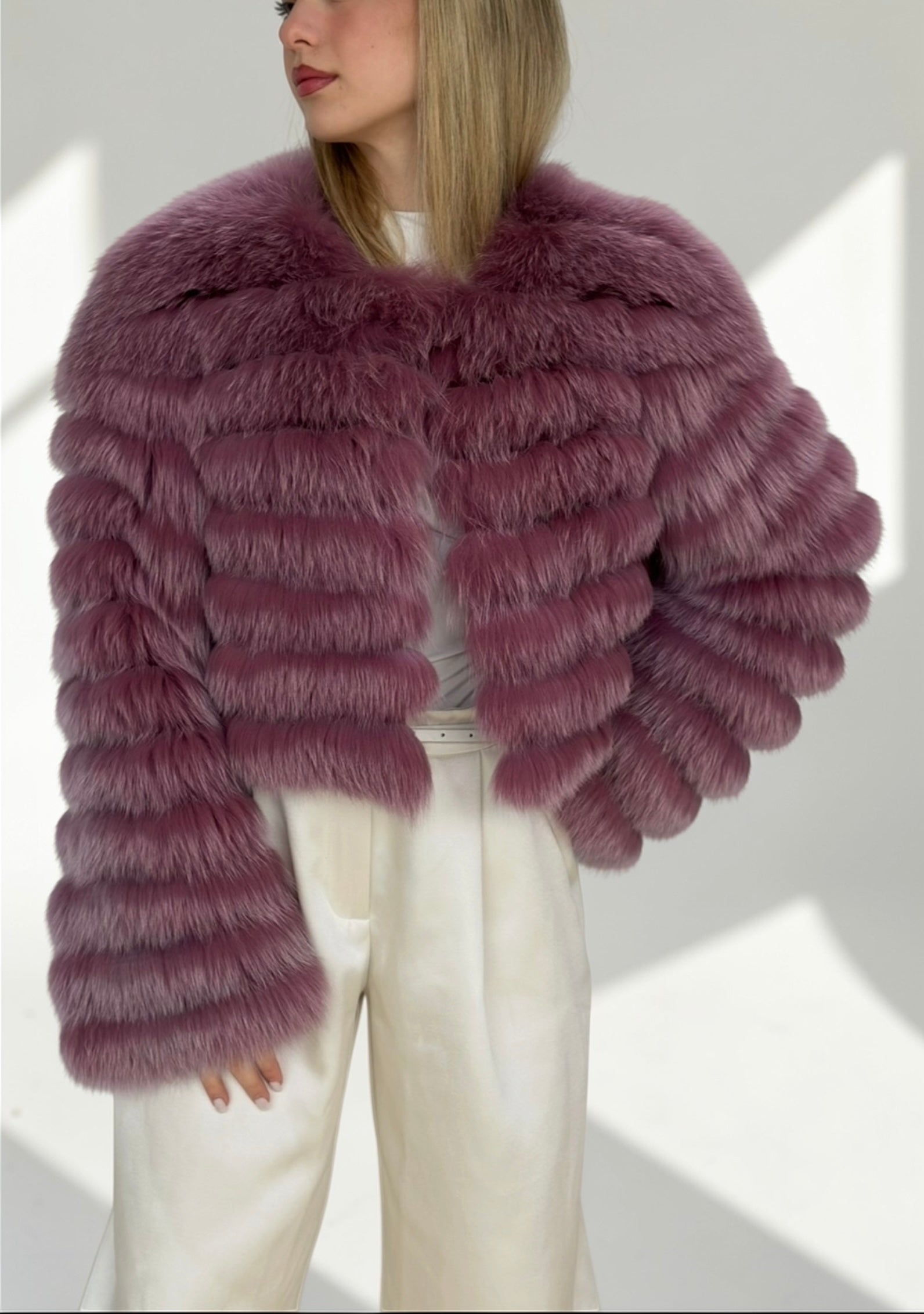 Mauve Fox Fur Horizontal Stripe Jacket