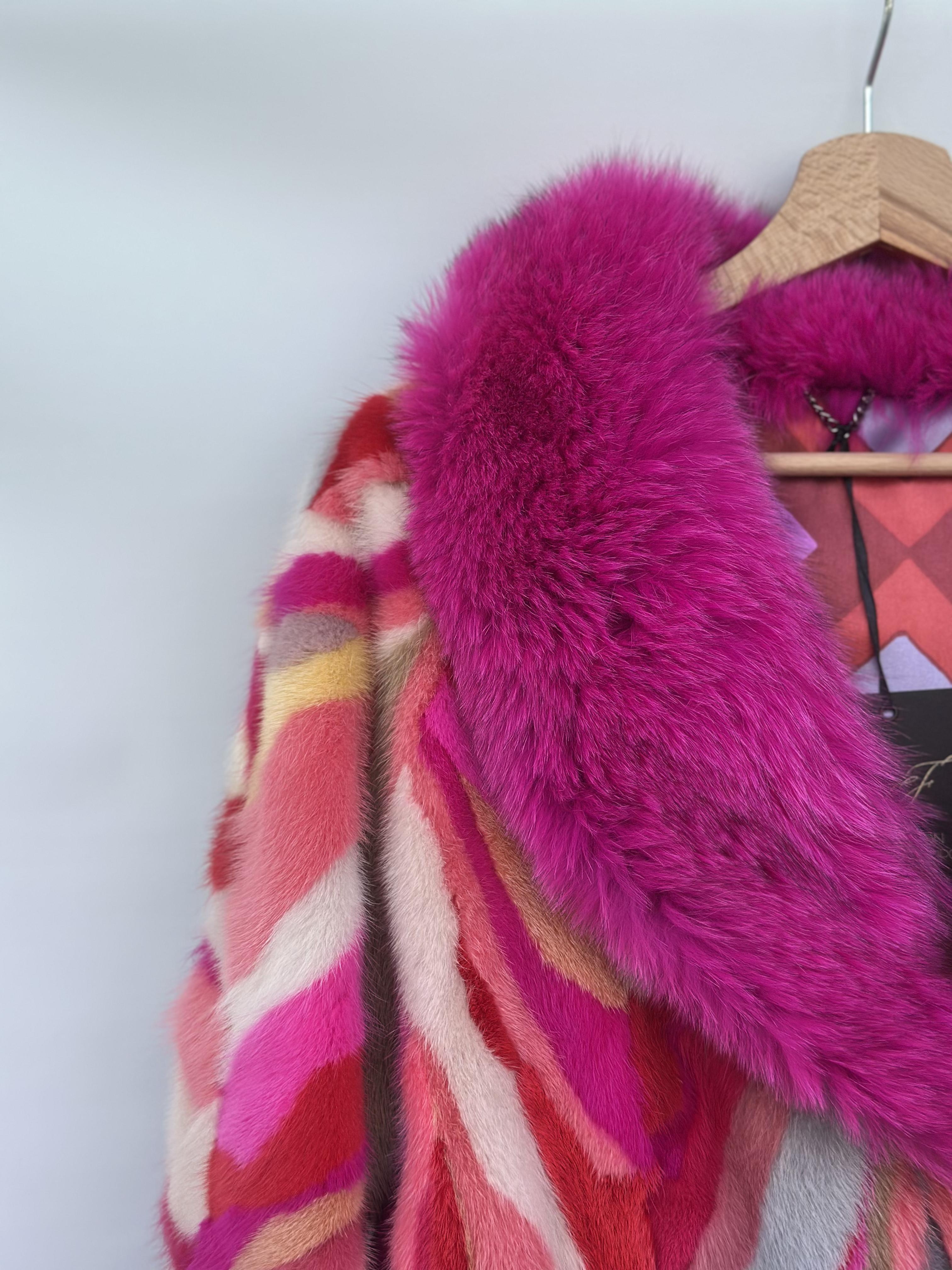 Multicolor Mink Pieces Short Jacket With Fox Fur Collar