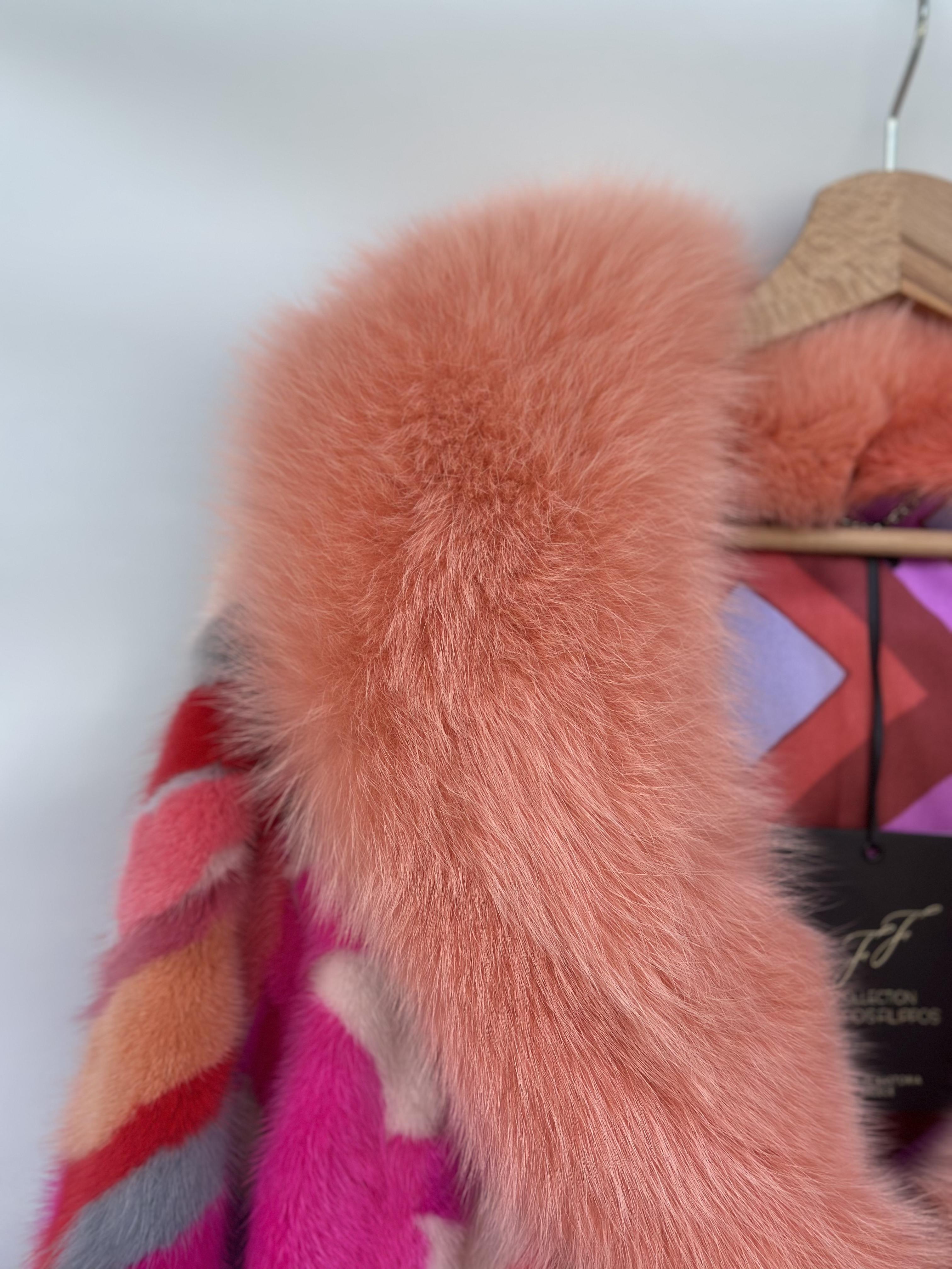 Multicolor Mink Pieces Short Jacket With Fox Fur Trim