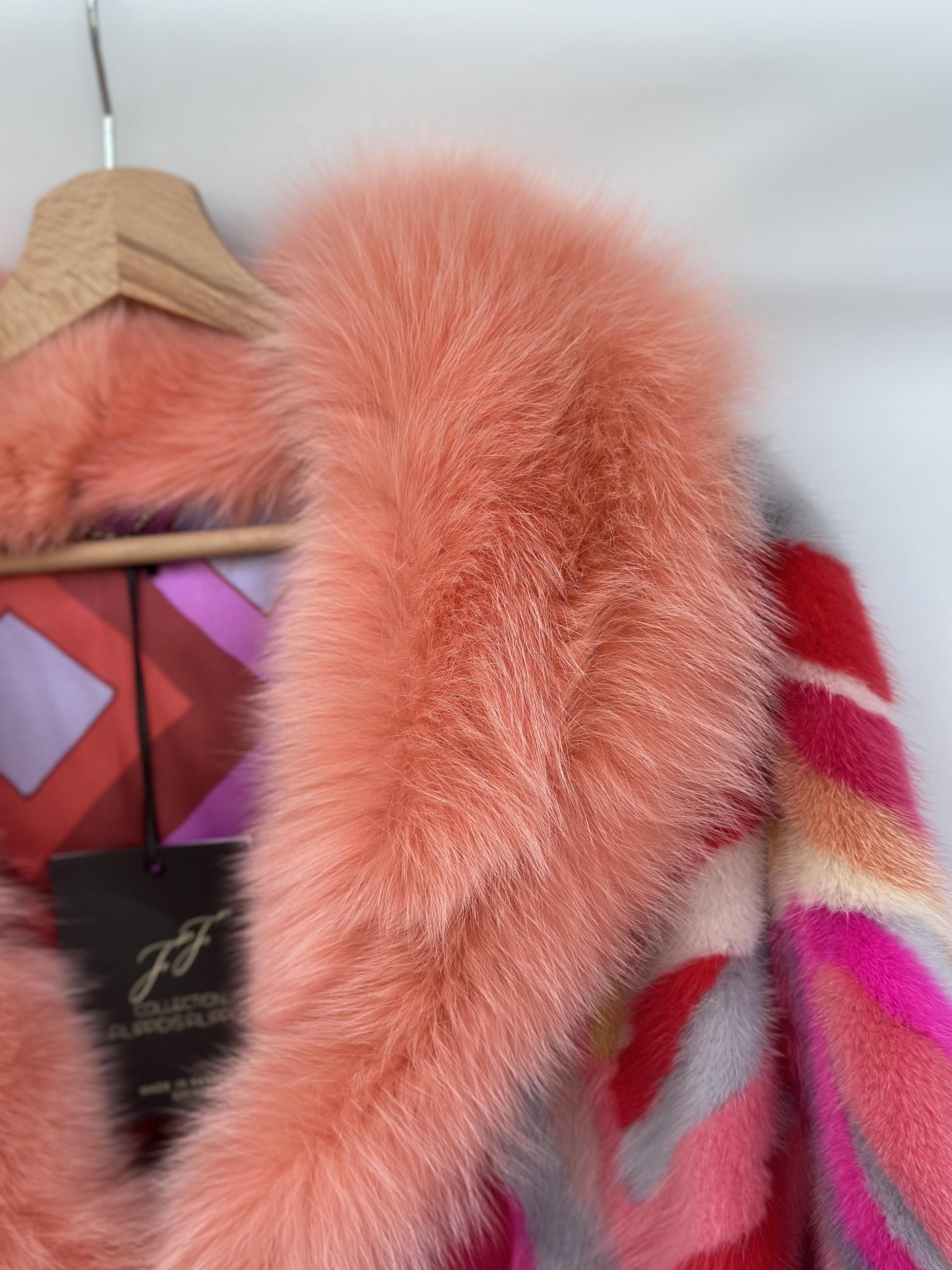 Multicolor Mink Pieces Short Jacket With Fox Fur Trim