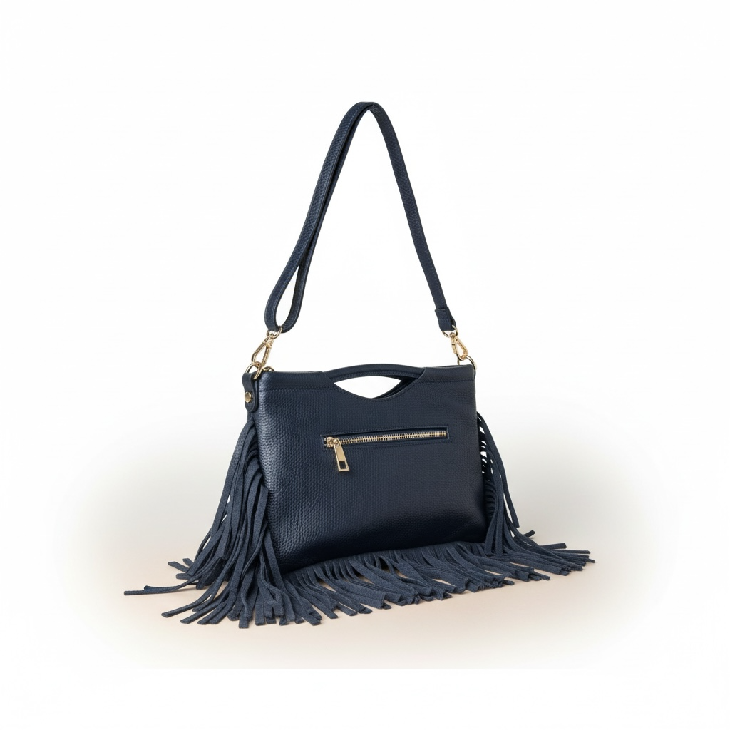 Navy Fringe Leather Shoulder Bag