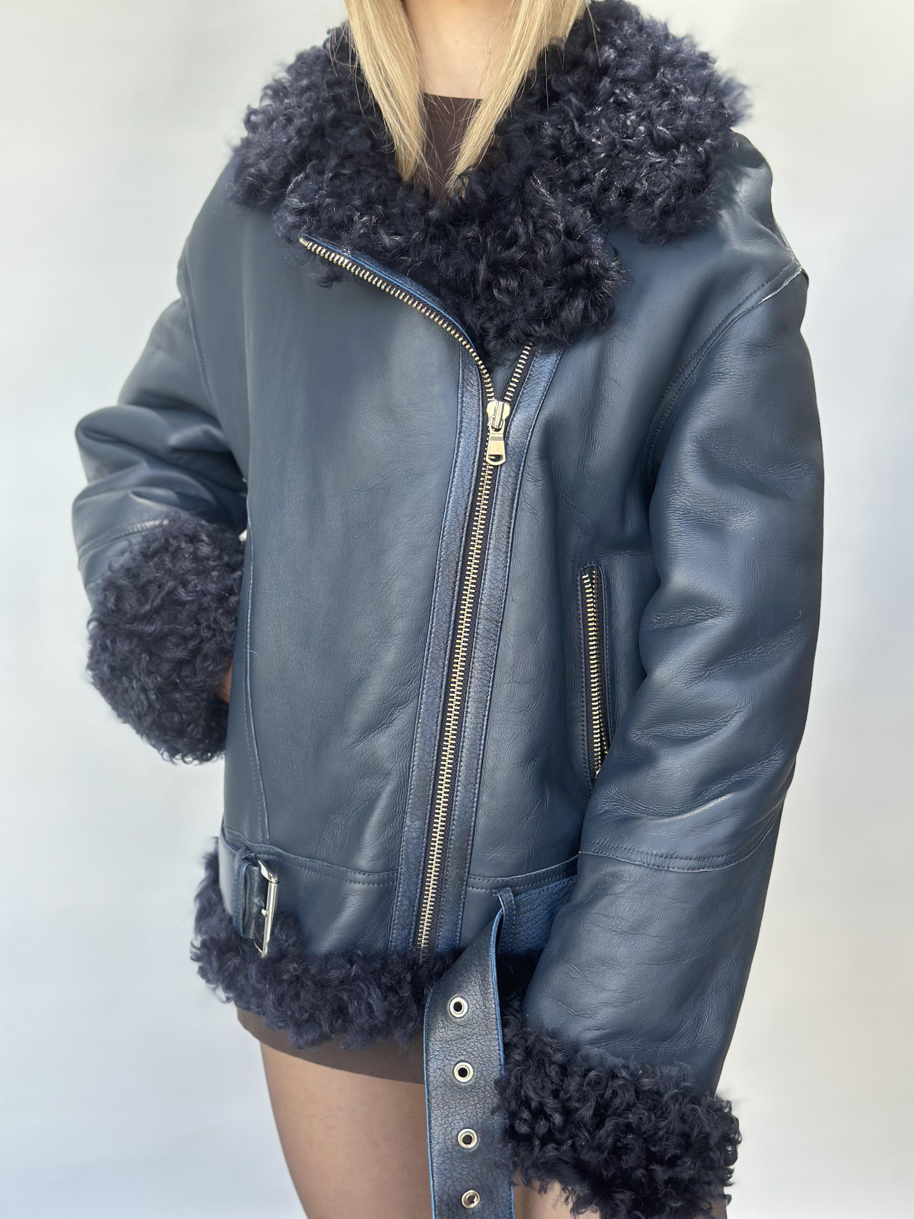 Navy Sheepskin Biker Jacket Fur Trim