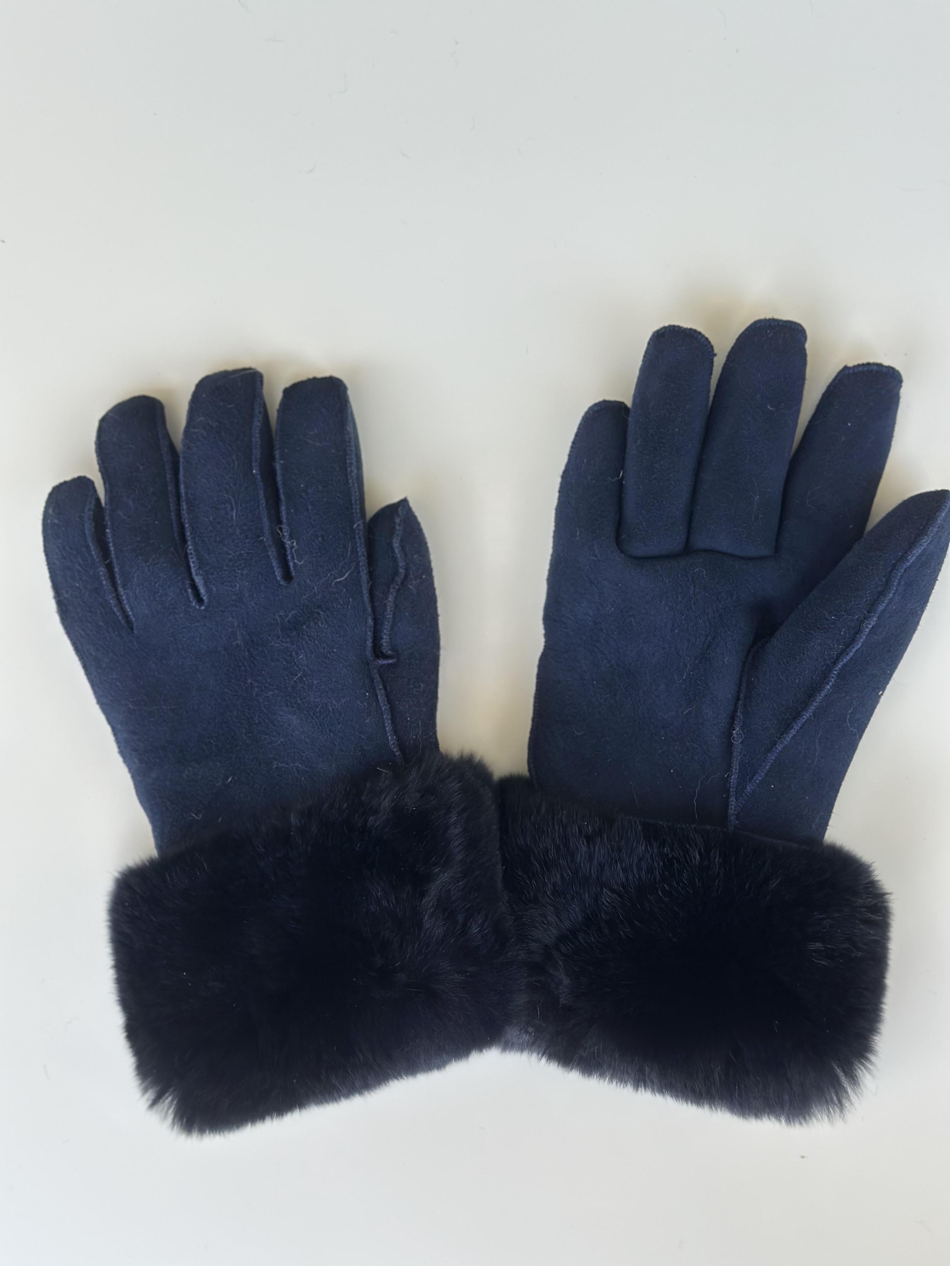 Navy Sheepskin Gloves with Fur Cuffs