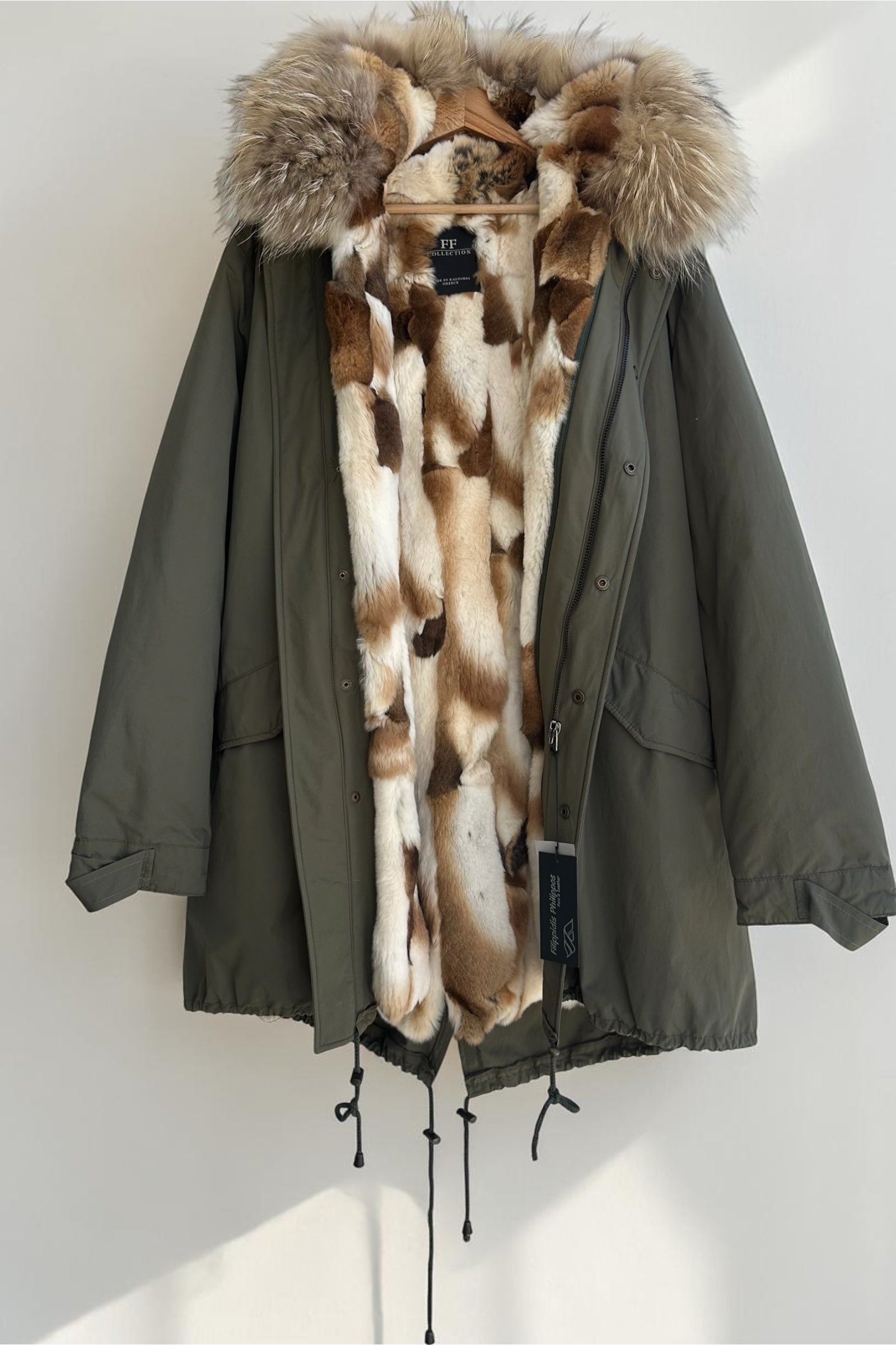 Olive Parka with Raccoon Collar and Rex Lining