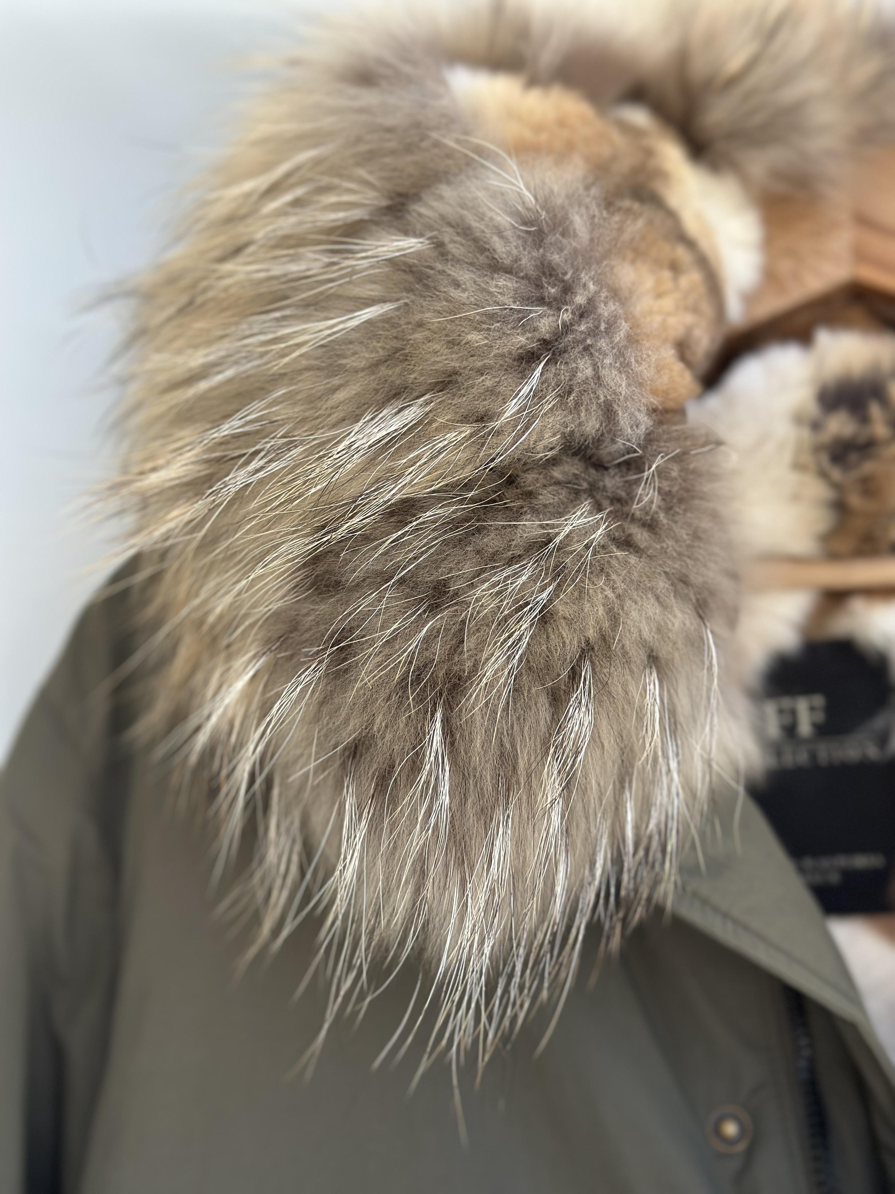 Olive Parka with Raccoon Collar and Rex Lining