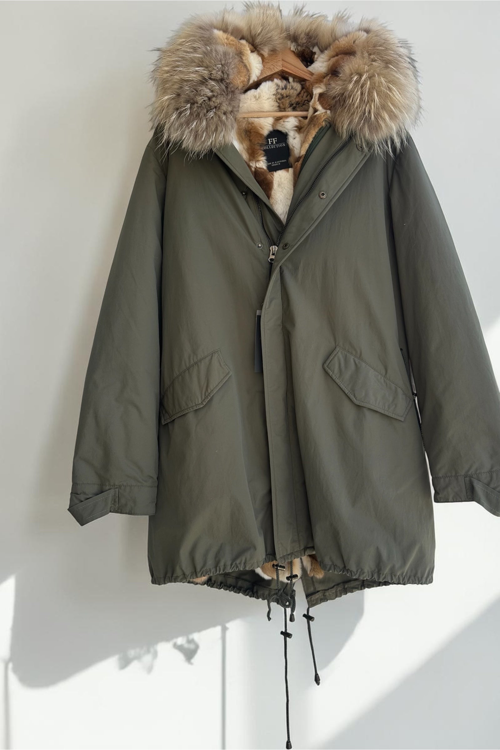Olive Parka with Raccoon Collar and Rex Lining
