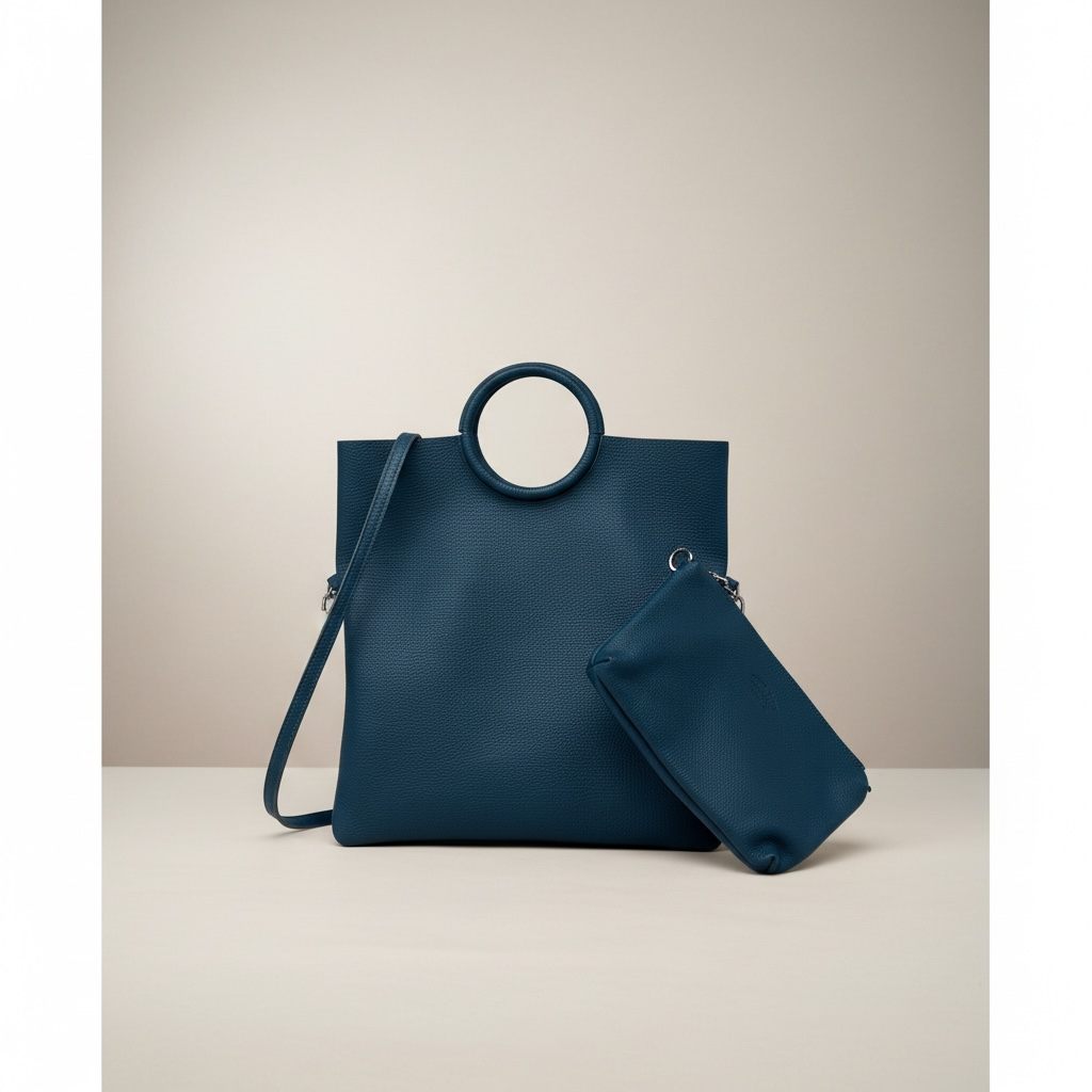 Navy Leather Ring Handle Tote Bag