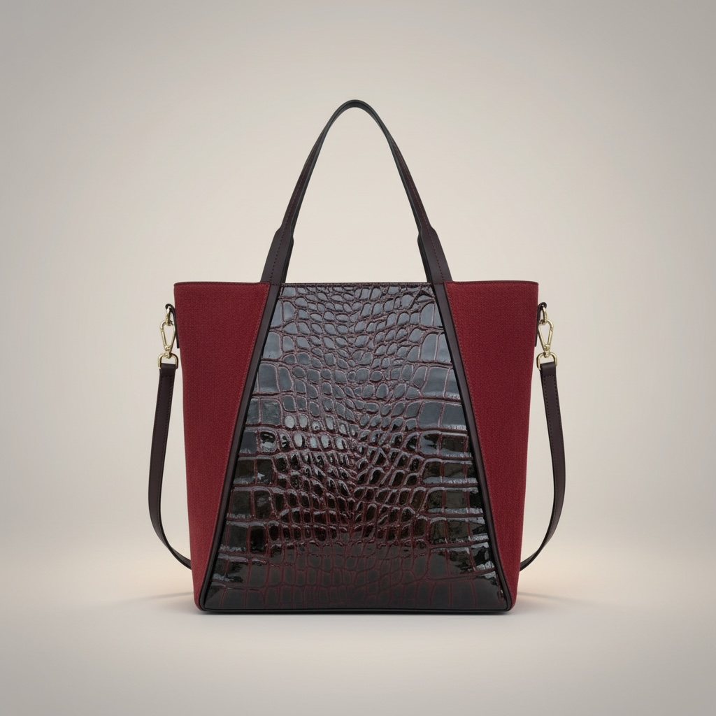 Burgundy Crocodile Embossed Leather Suede Tote Bag