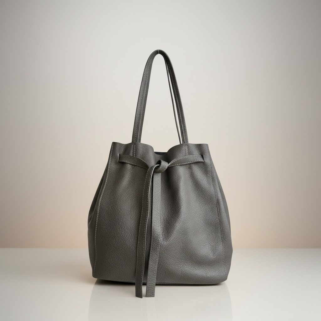 Grey Leather Bucket Bag
