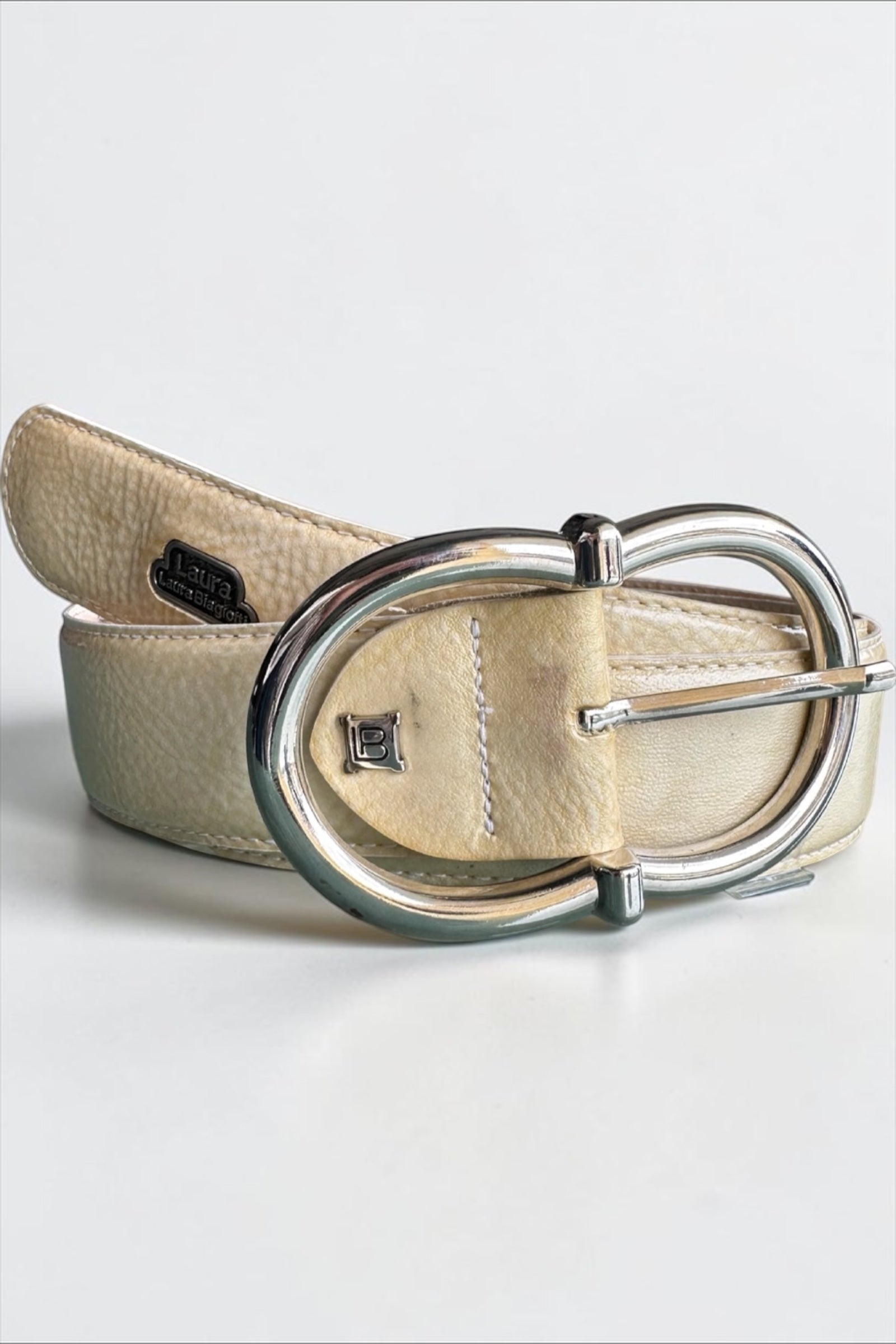 Cream Leather Belt Silver Buckle