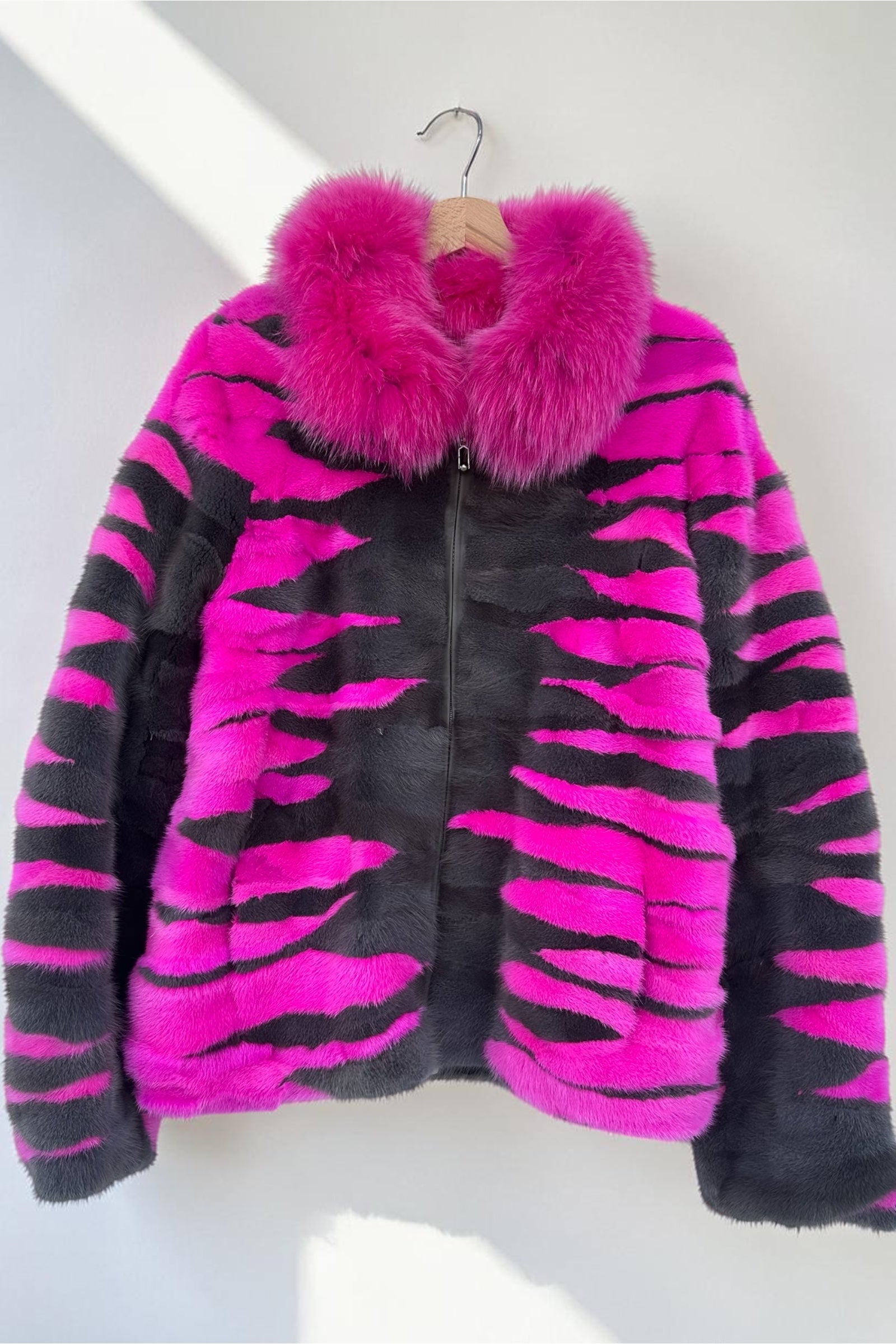Pink And Grey Mink Pieces Jacket With Fox Fur Collar
