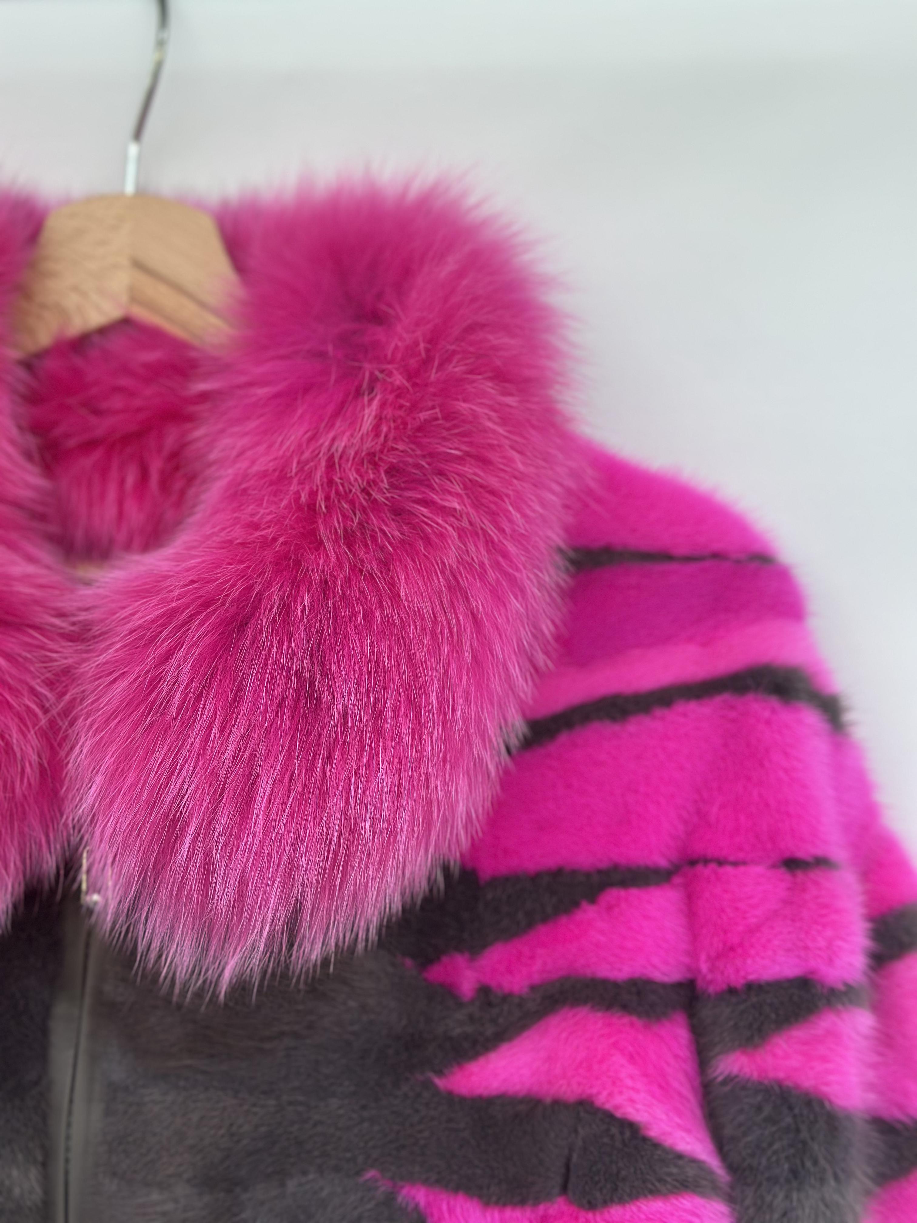 Pink And Grey Mink Pieces Jacket With Fox Fur Collar
