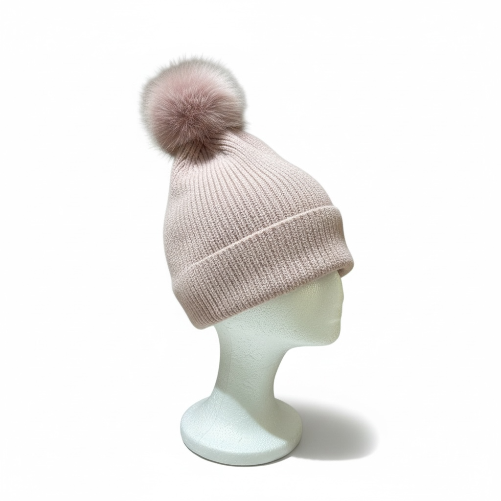 Pink Ribbed Beanie with Natural Fox Fur Pompom
