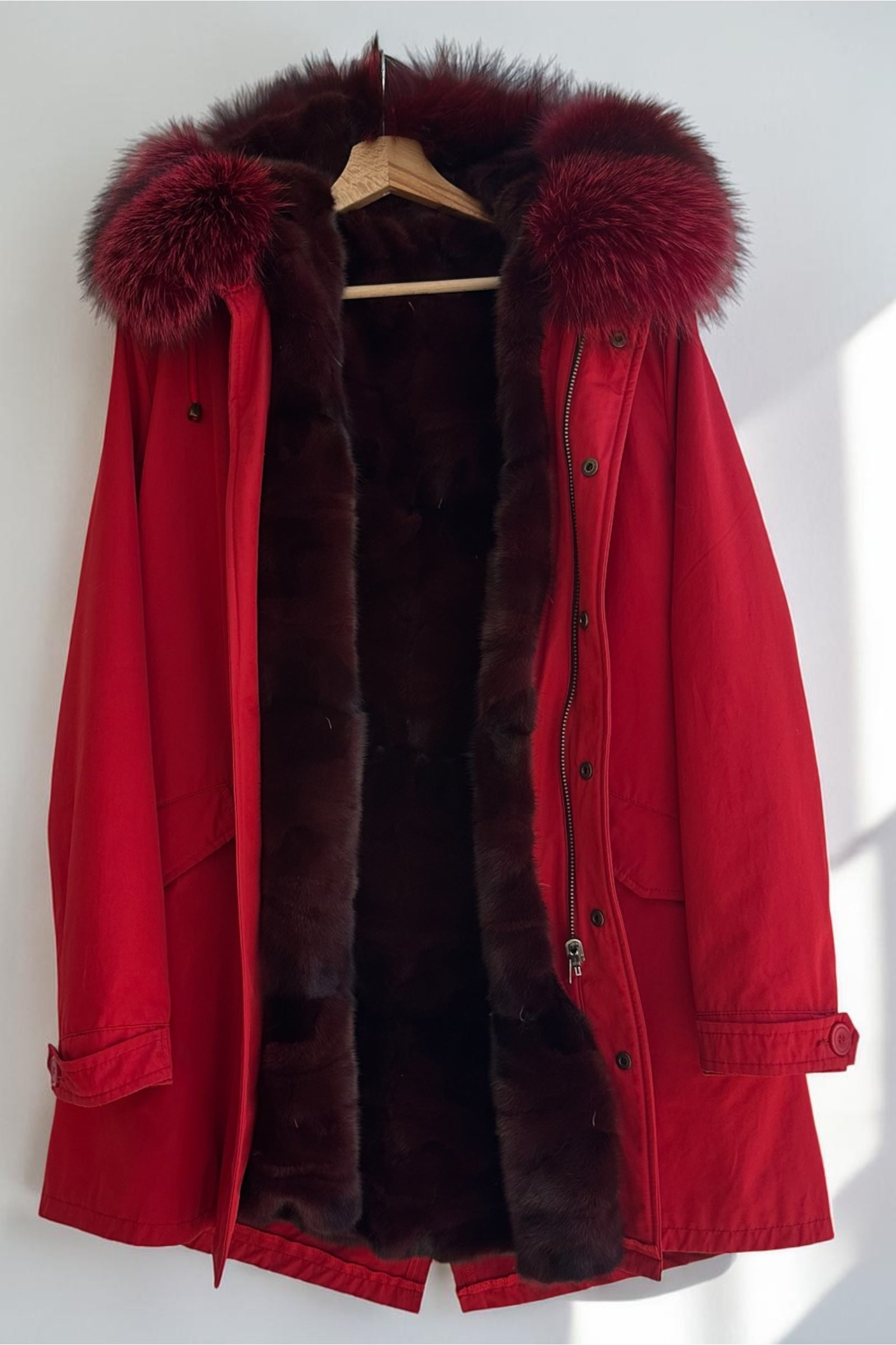 Red Parka with Fox Collar and Mink Lining