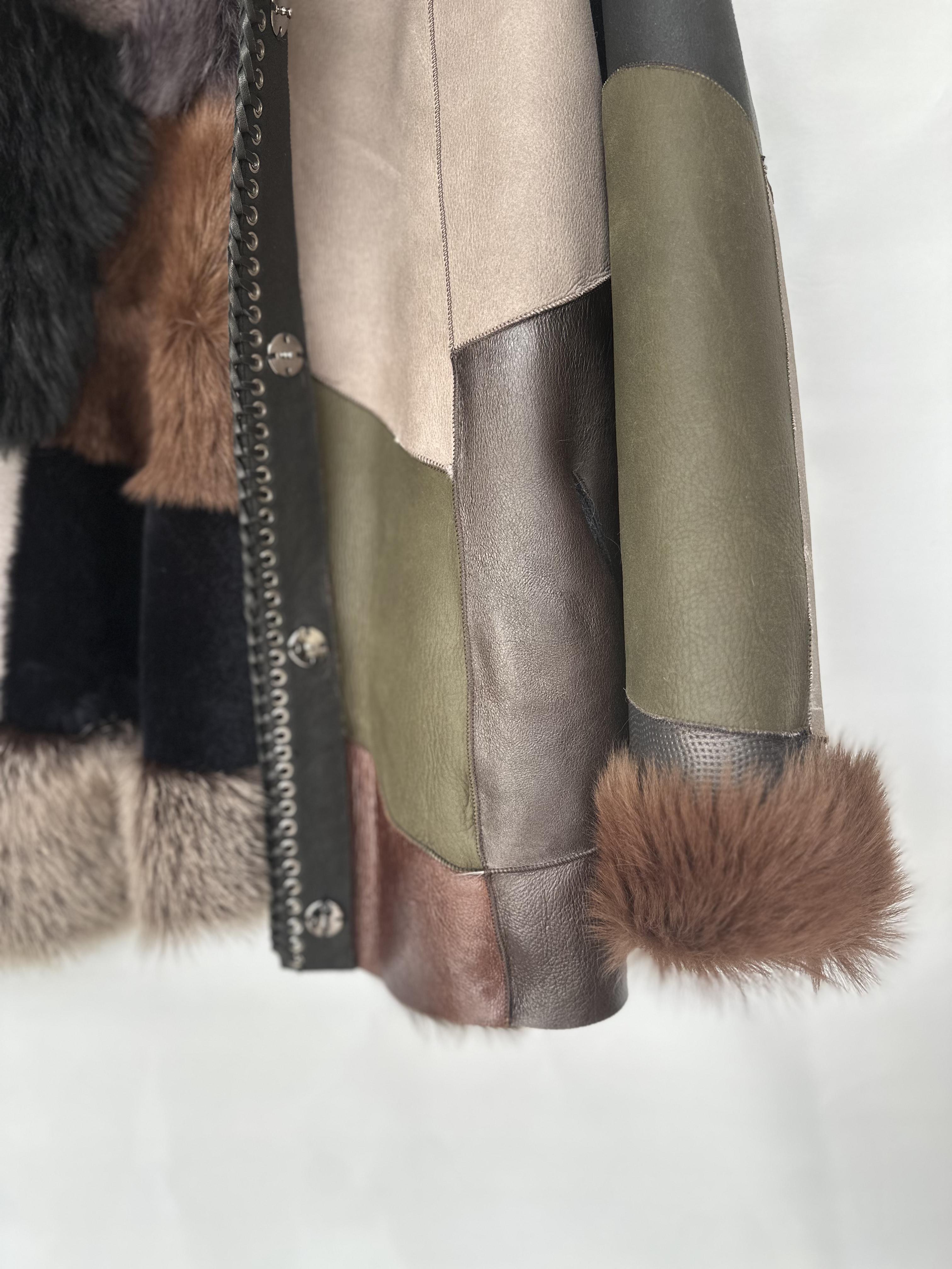 Reversible Patchwork Sheepskin Jacket Multicolored Fur Trim