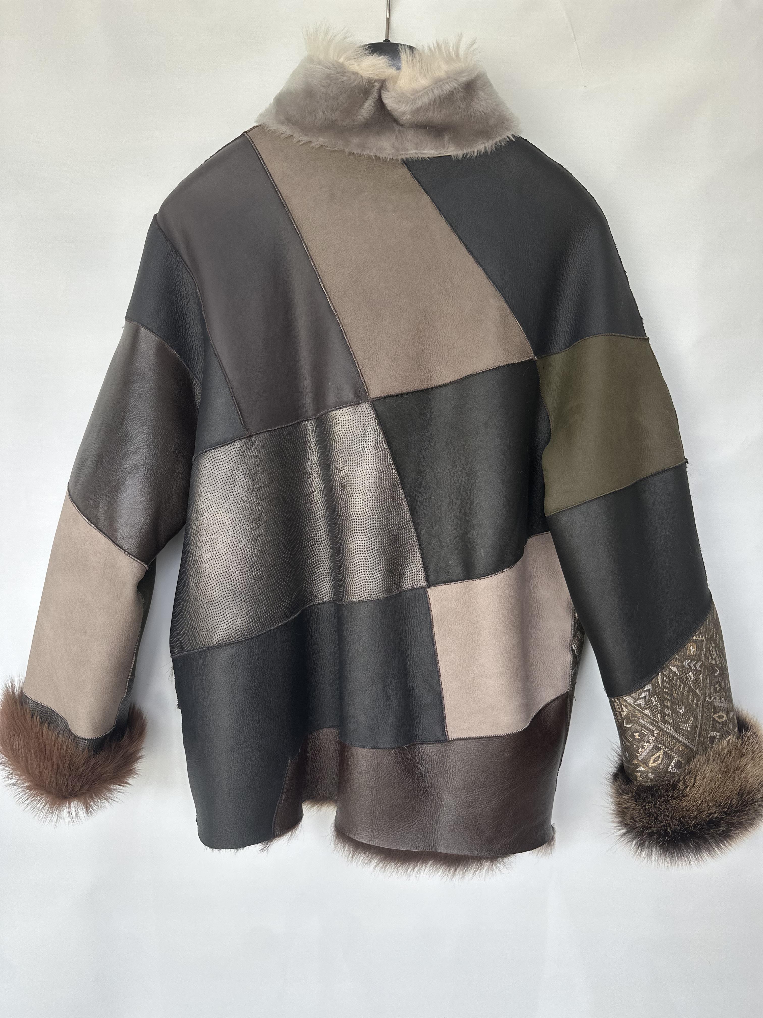 Reversible Patchwork Sheepskin Jacket Multicolored Fur Trim