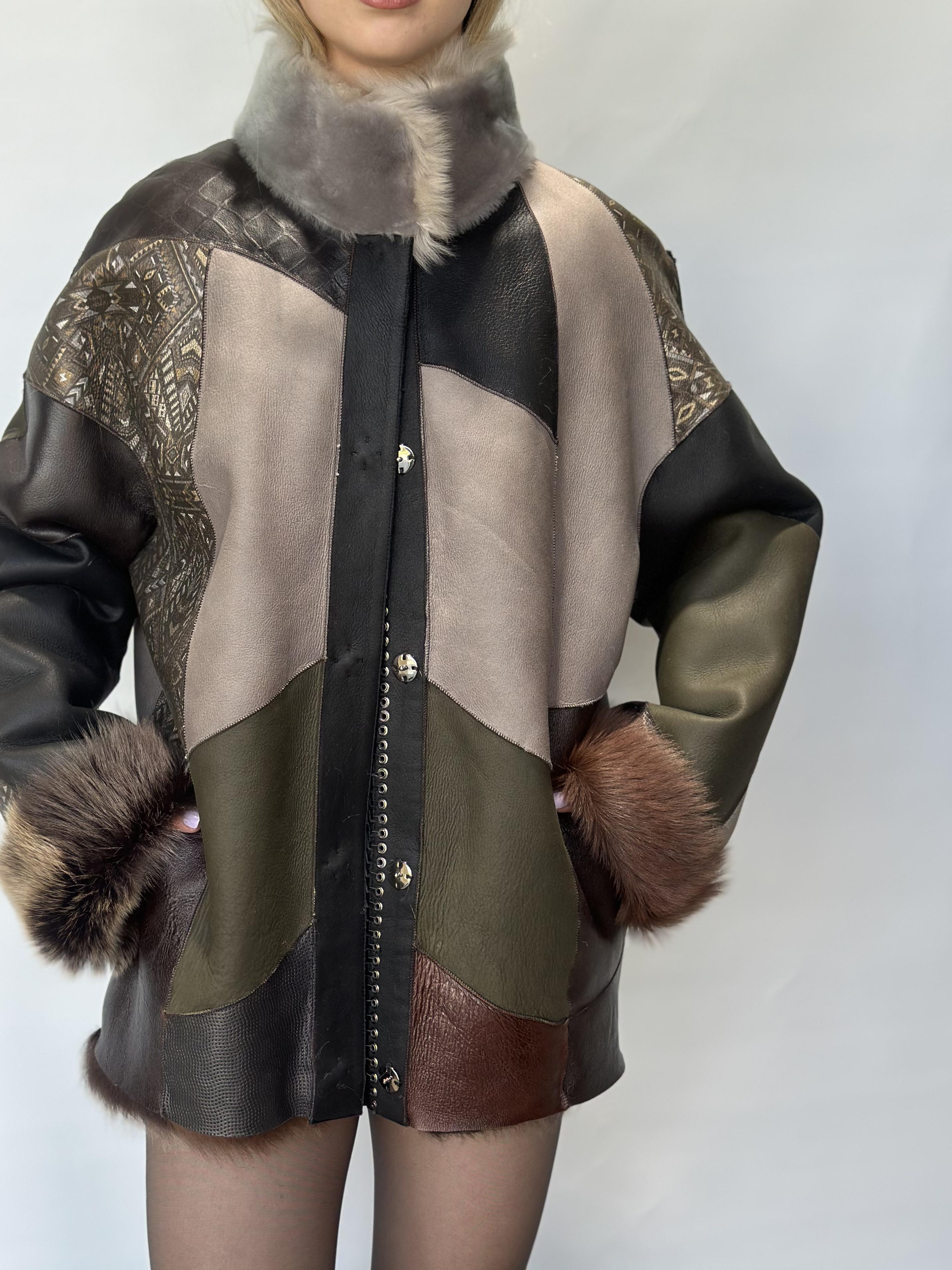 Reversible Patchwork Sheepskin Jacket Multicolored Fur Trim