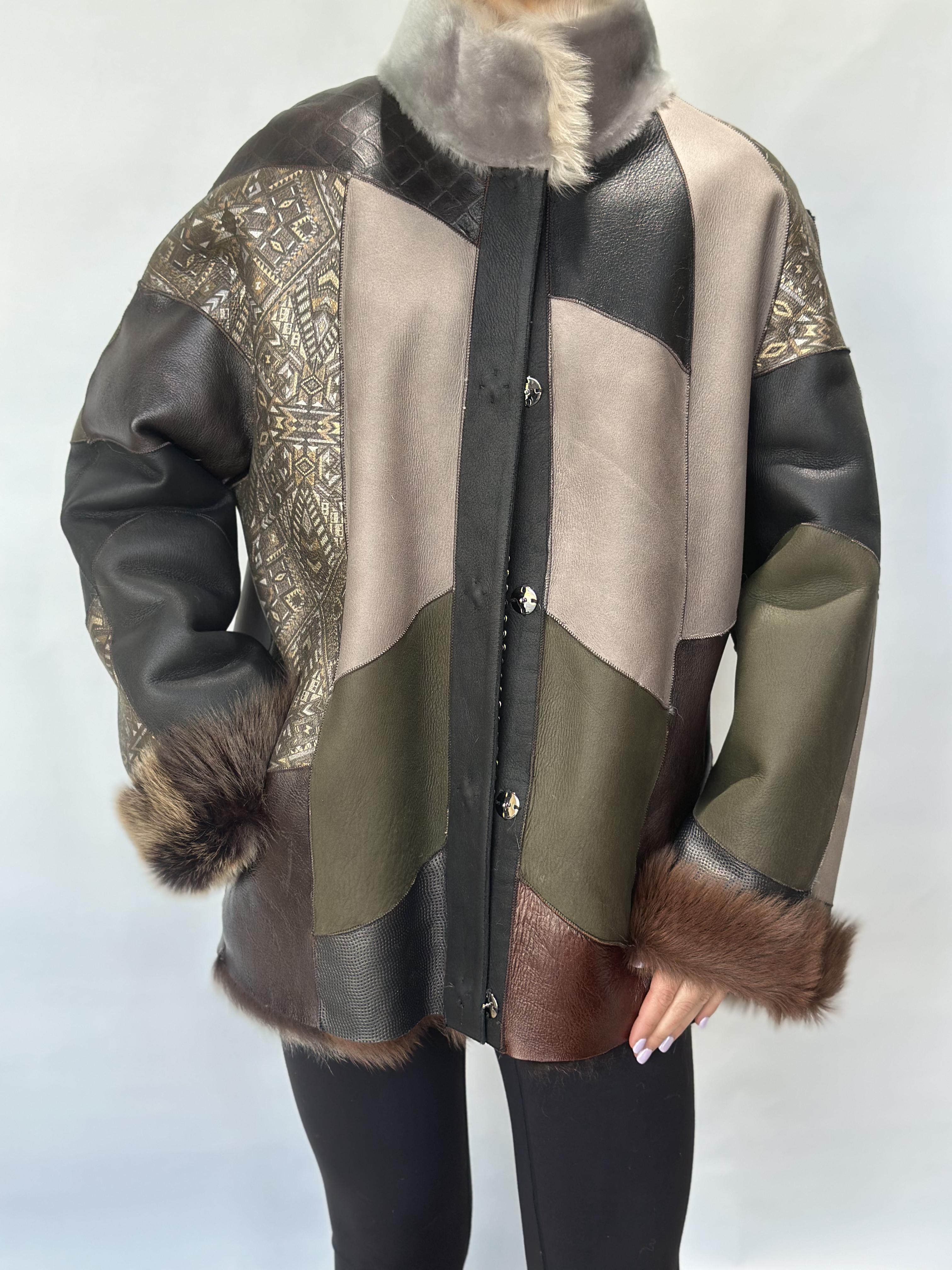 Reversible Patchwork Sheepskin Jacket Multicolored Fur Trim