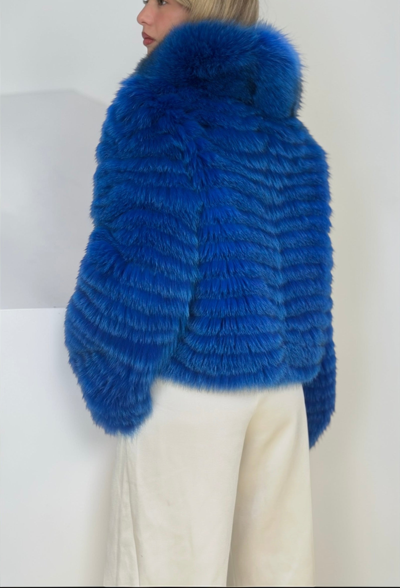 Royal Blue Fox Fur Chevron Jacket