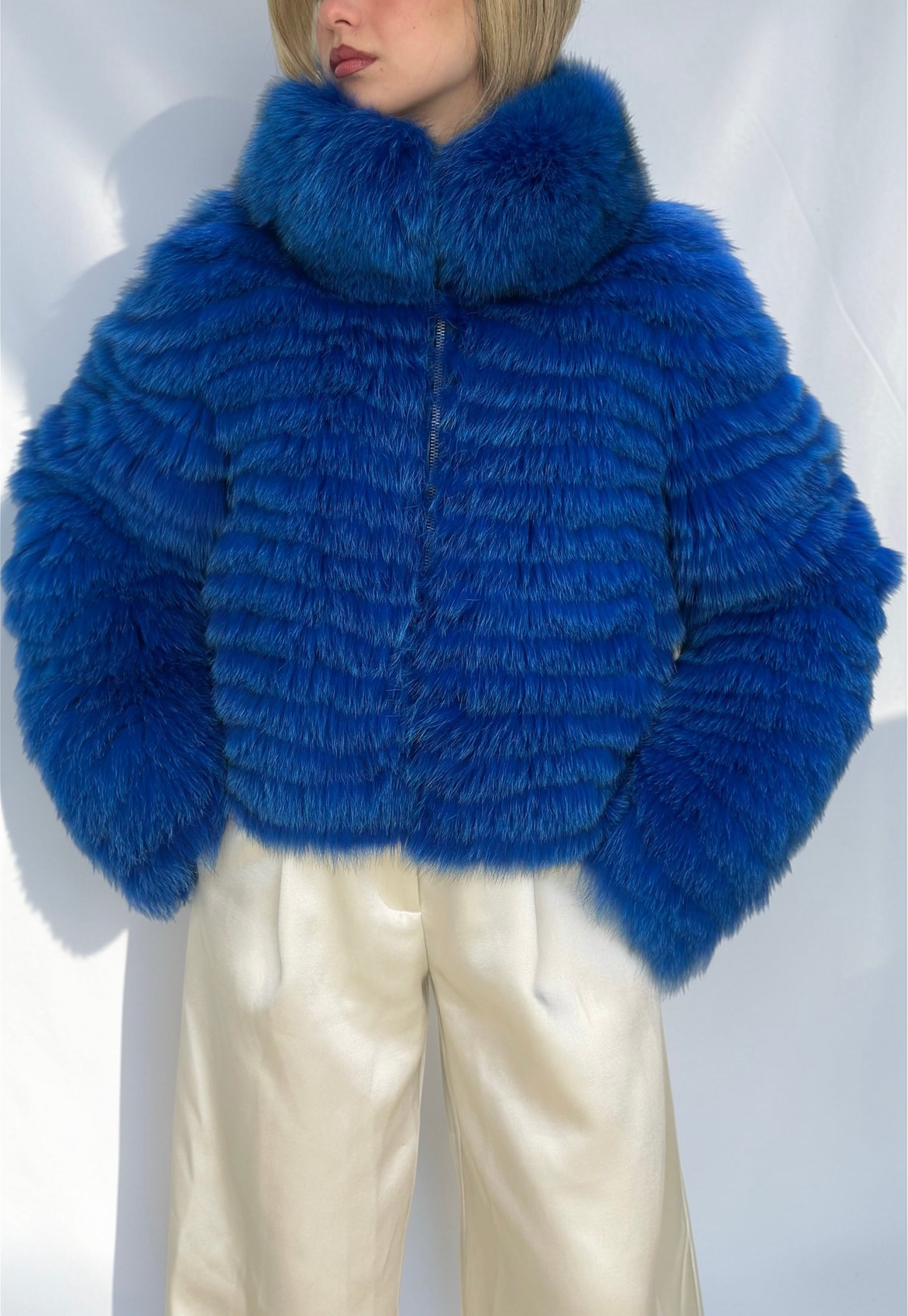 Royal Blue Fox Fur Chevron Jacket