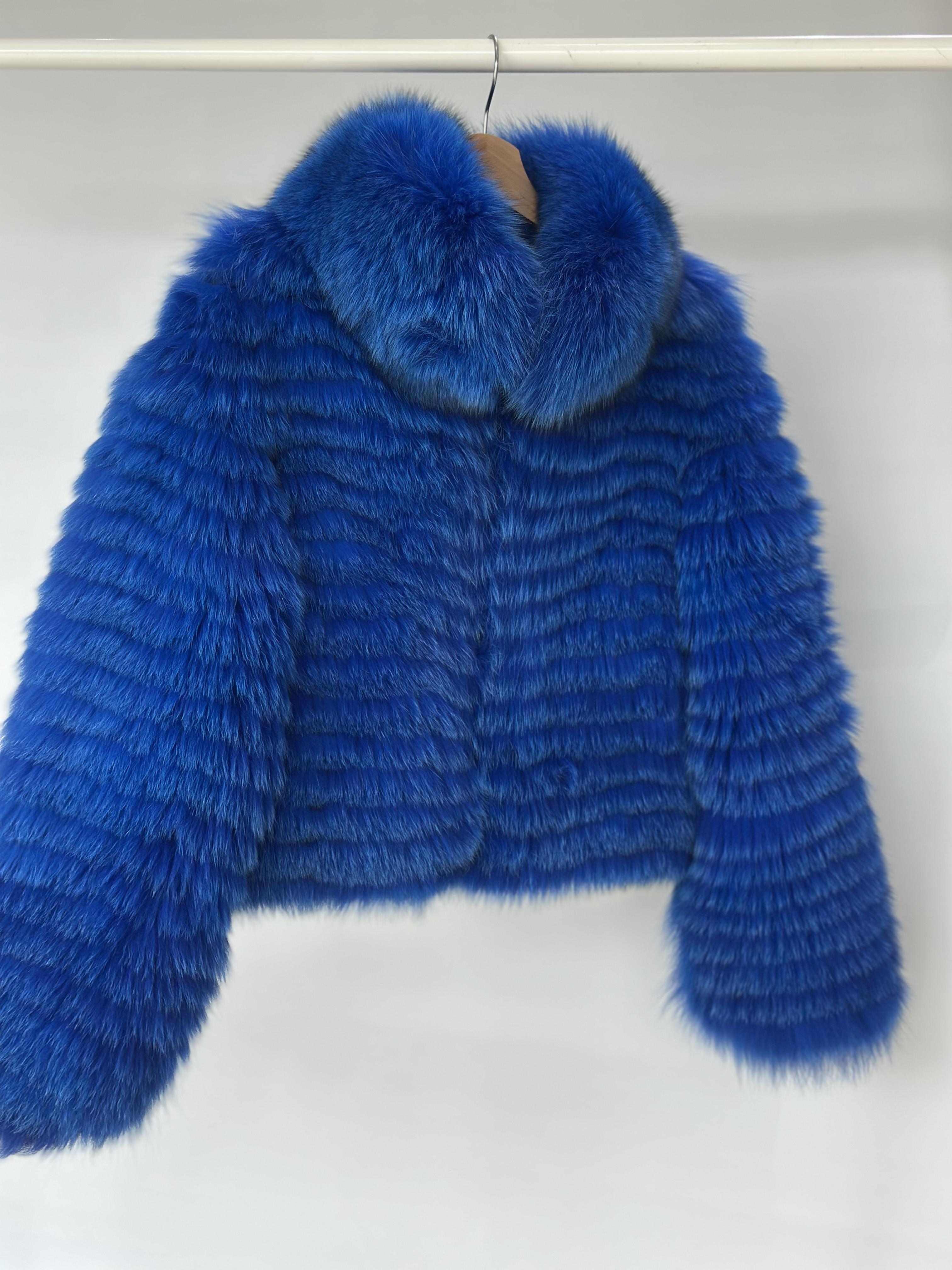 Royal Blue Fox Fur Chevron Jacket