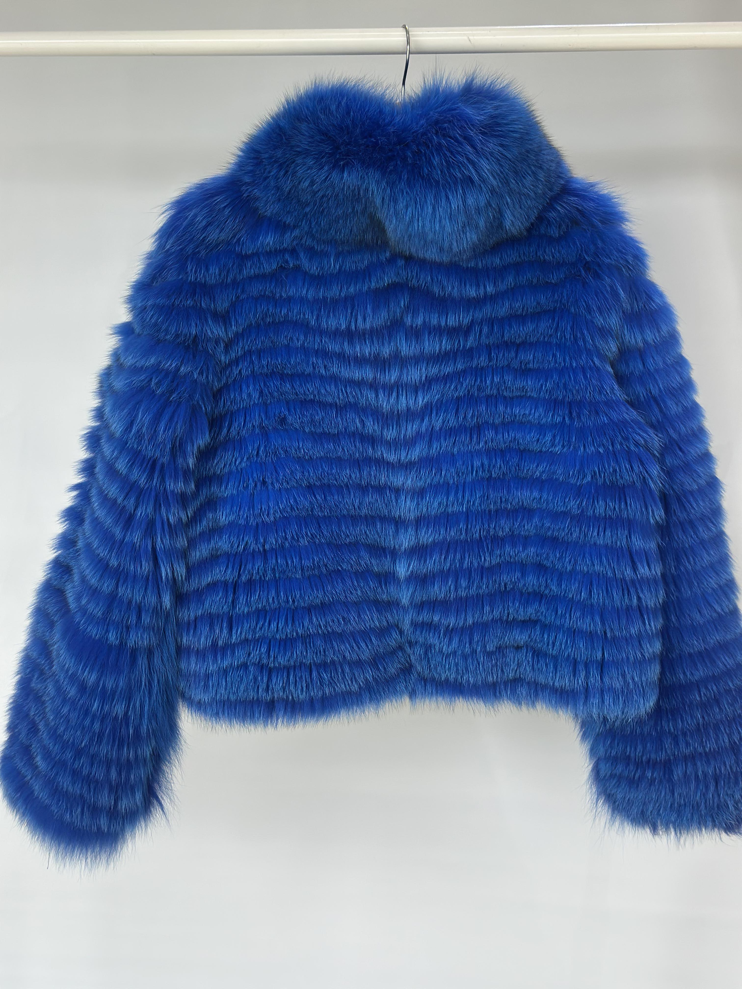 Royal Blue Fox Fur Chevron Jacket