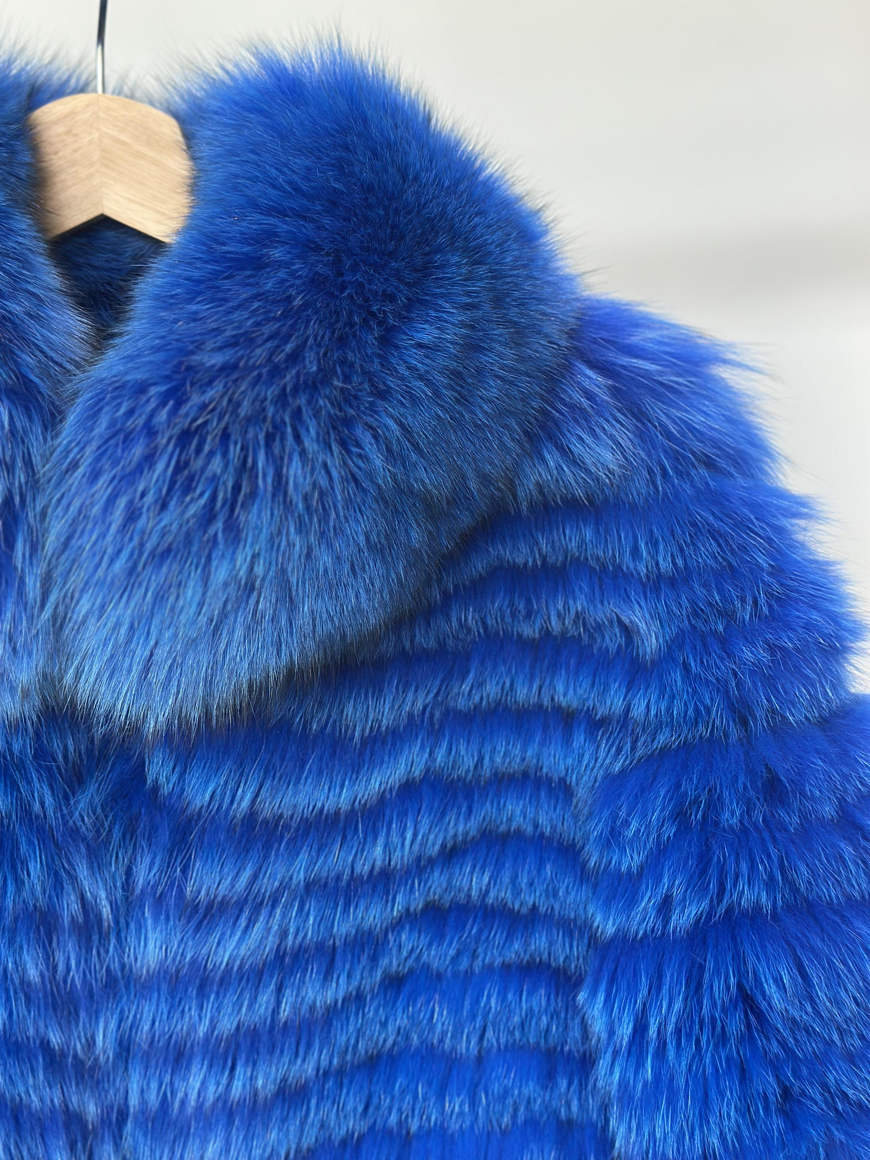 Royal Blue Fox Fur Chevron Jacket