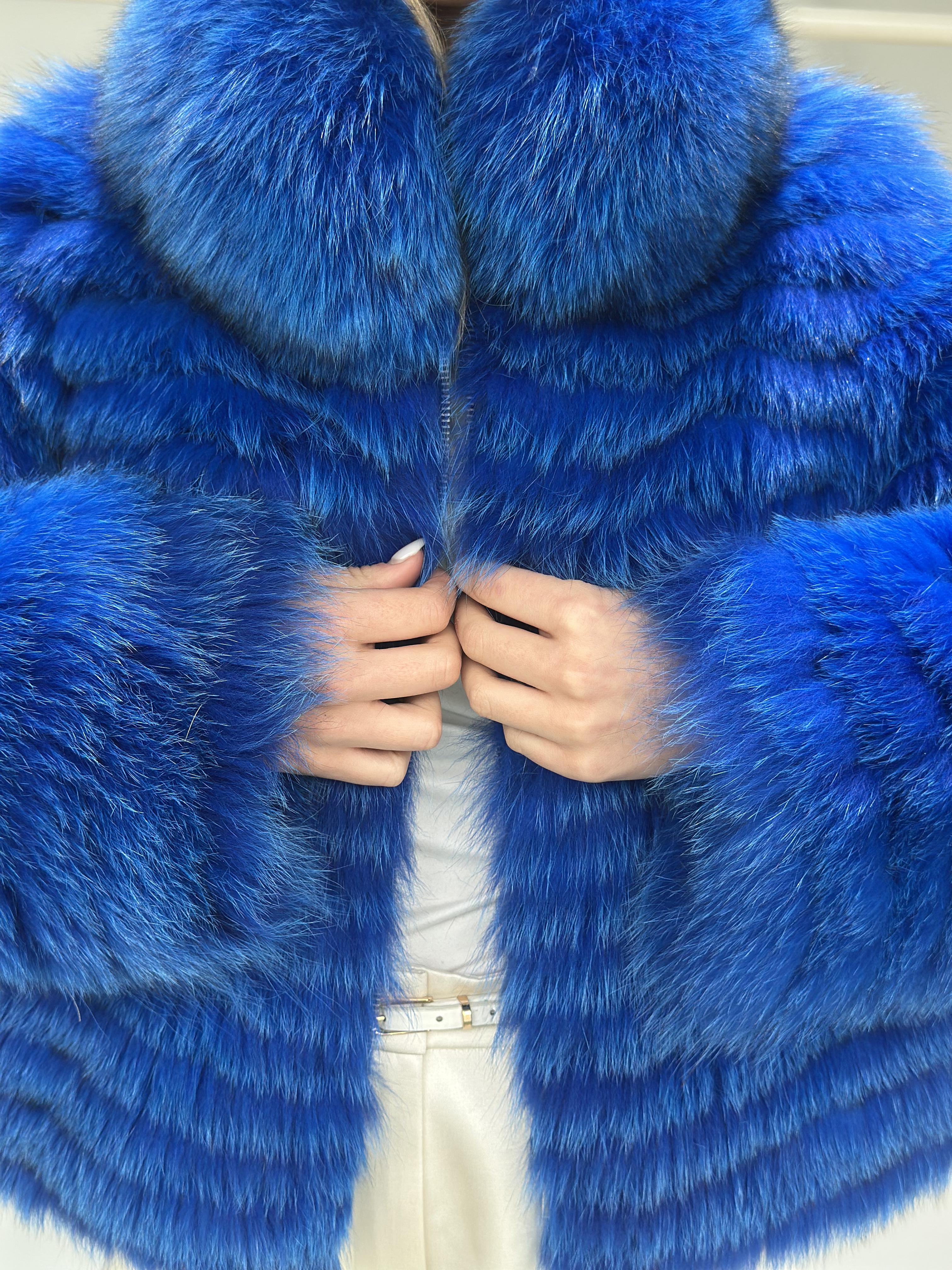 Royal Blue Fox Fur Chevron Jacket